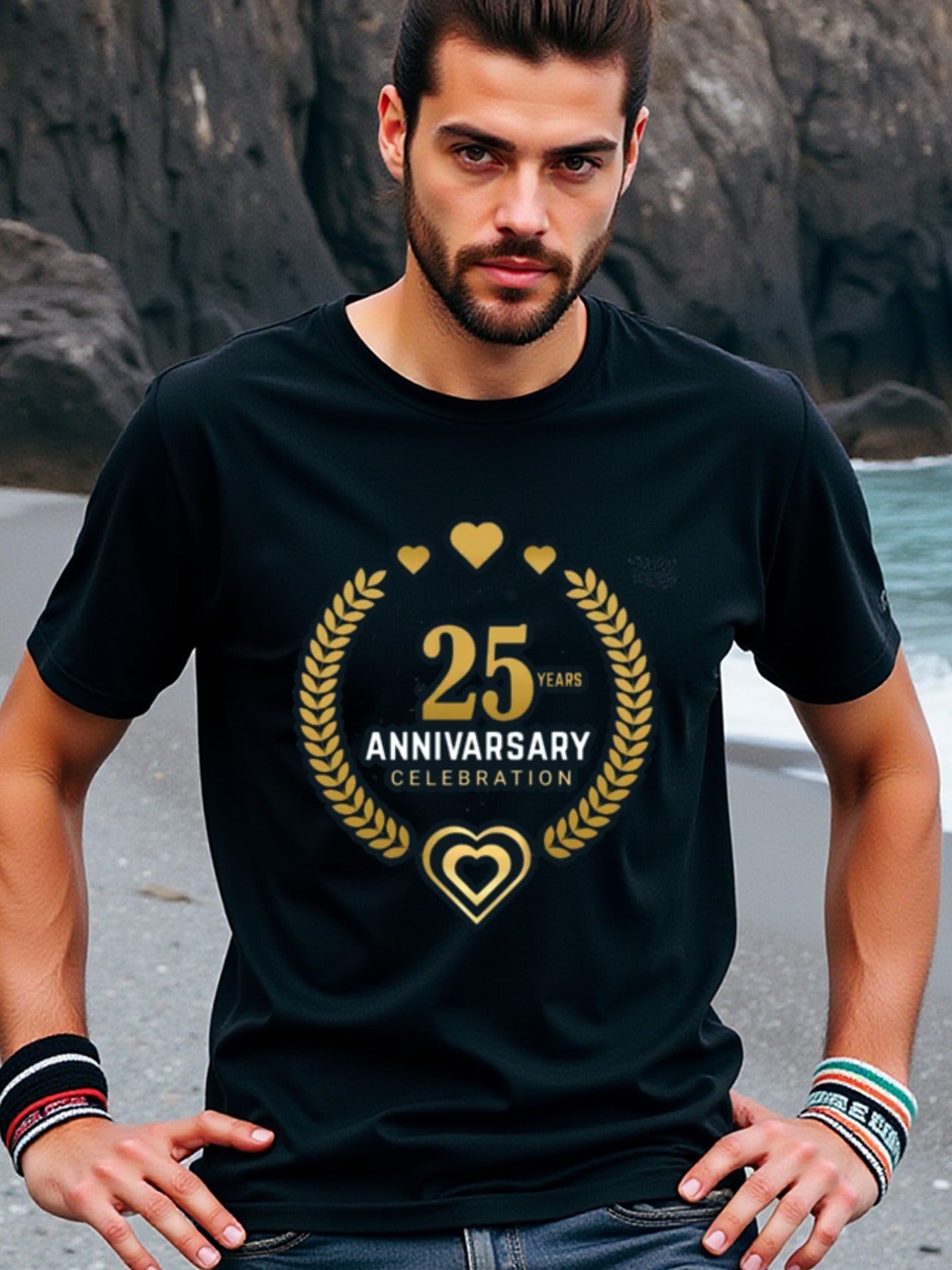 natee local warehouse clearance 25th Anniversary Celebration Black T-shirt, man's T-Shirt,100% Cotton Fabric,Crew Neck,Short Sleeve,Regular Fit,All-Season Casual Wear,180gsm-Ideal for All Saints' Day Thanksgiving Day, 男t