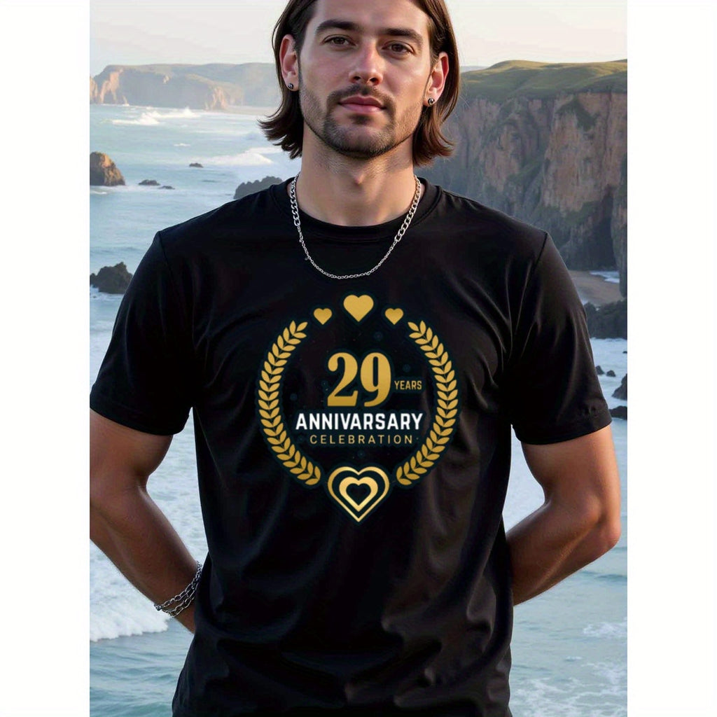 natee local warehouse clearance 29th Anniversary Celebration T-shirt - Black & Gold Hearts Design, 100% Cotton Fabric,Crew Neck,Regular Fit,Weekend Casual Wear,180gsm Family Friends Christian festival Thanksgiving Day, 男t