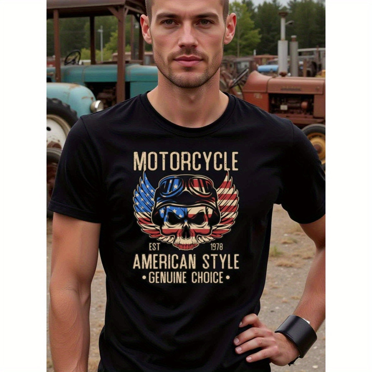 natee local warehouse clearance American Motorcycle Style Skull T-shirt - Est. 1978 Genuine Choice, man's T-Shirt,100% Cotton Fabric,Crew Neck,Short Sleeve,Regular Fit,All-Season Casual Wear,180gsm-Ideal for Valentines Christian festival Thanksgiving Day,