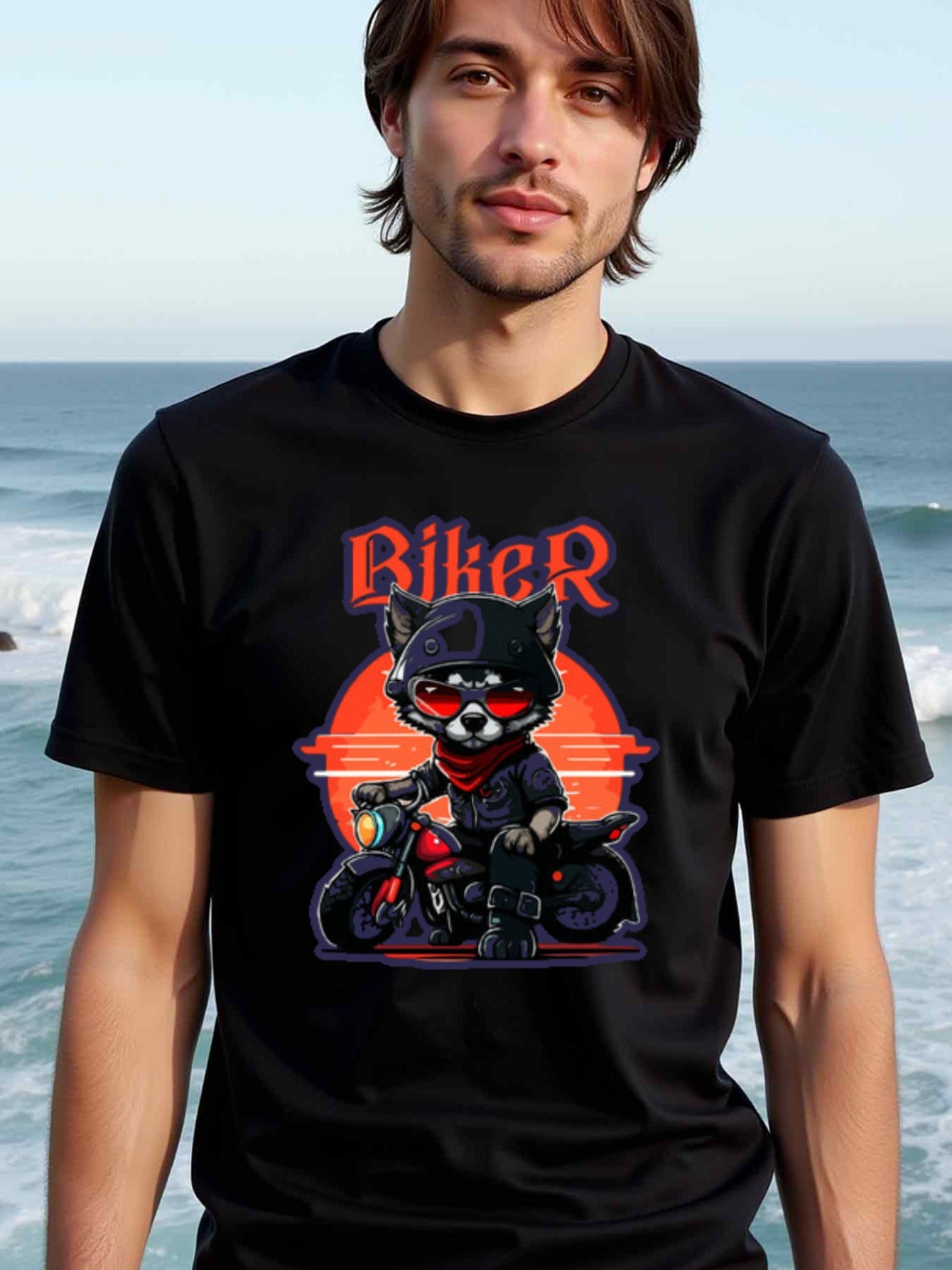 natee local warehouse clearance Badass Biker Cat Graphic Tee for Motorcycle Enthusiasts, 100% Cotton Fabric,Crew Neck,Regular Fit,Weekend Casual Wear,180gsm Family Friends Christian festival Thanksgiving Day, 男t