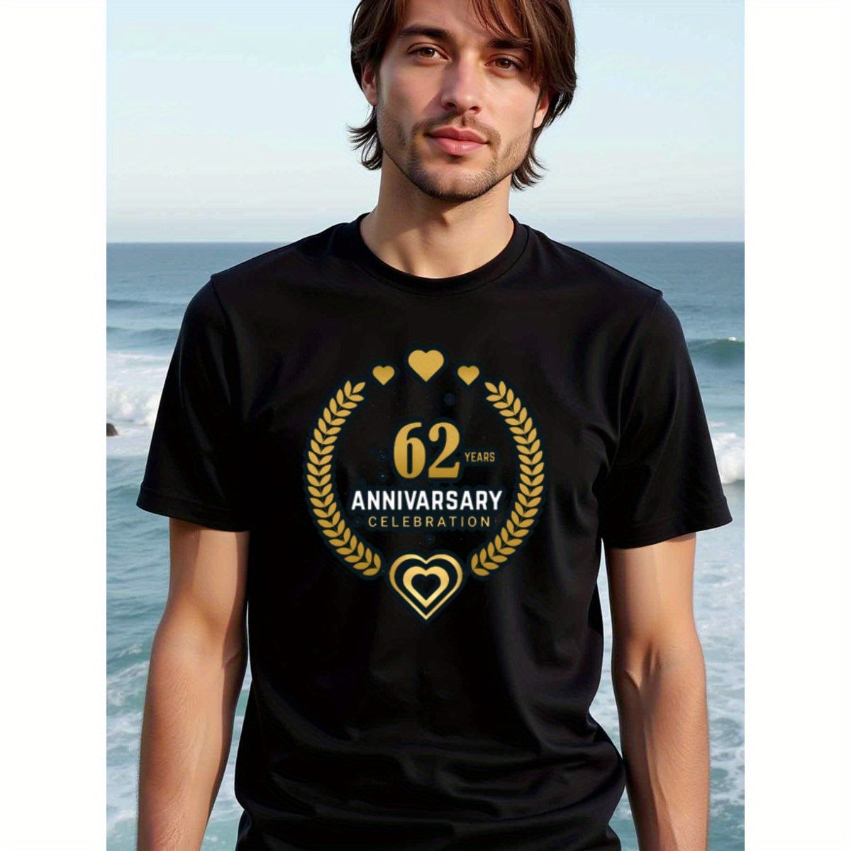 natee local warehouse clearance 62nd Anniversary Celebration T-shirt - Black & Gold Hearts Design, 男t