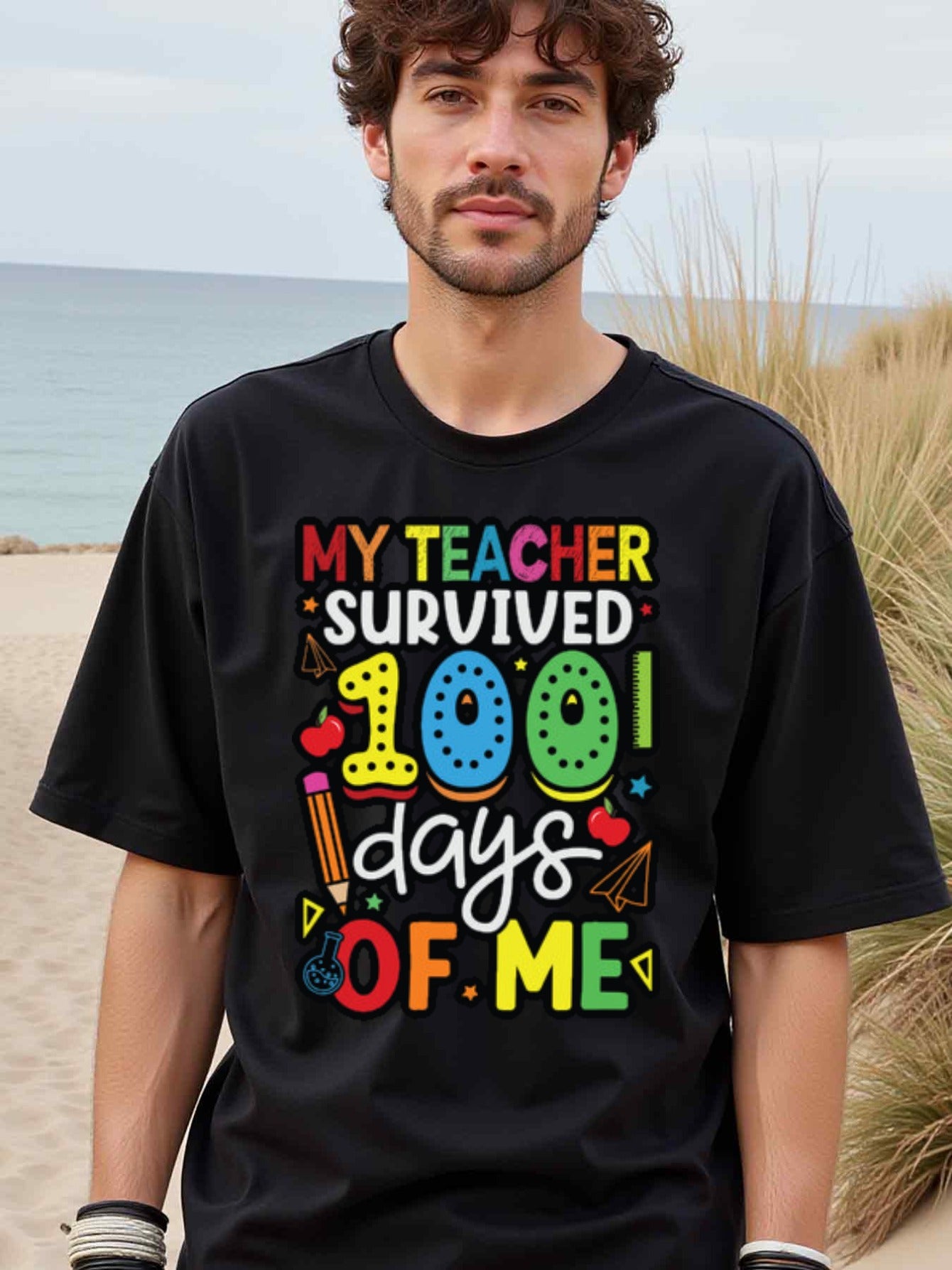 natee local warehouse clearance 100 Days of School Teacher Survival Shirt, man's T-Shirt,100% Cotton Fabric,Crew Neck,Short Sleeve,Regular Fit,All-Season Casual Wear,180gsm-Ideal For Summer Holiday Gift, 男t