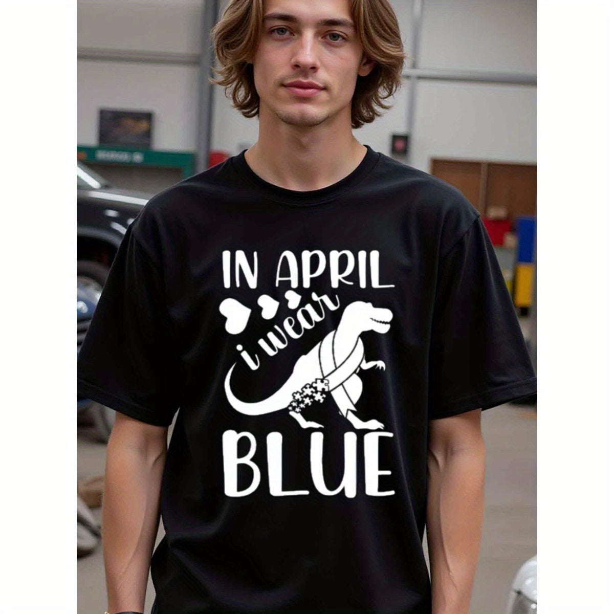 natee local warehouse clearance April Autism Awareness Dinosaur Puzzle Piece T-shirt, man's T-Shirt,100% Cotton Fabric,Crew Neck,Short Sleeve,Regular Fit,All-Season Casual Wear,180gsm-Ideal for Valentines Christian festival Thanksgiving Day, 男t