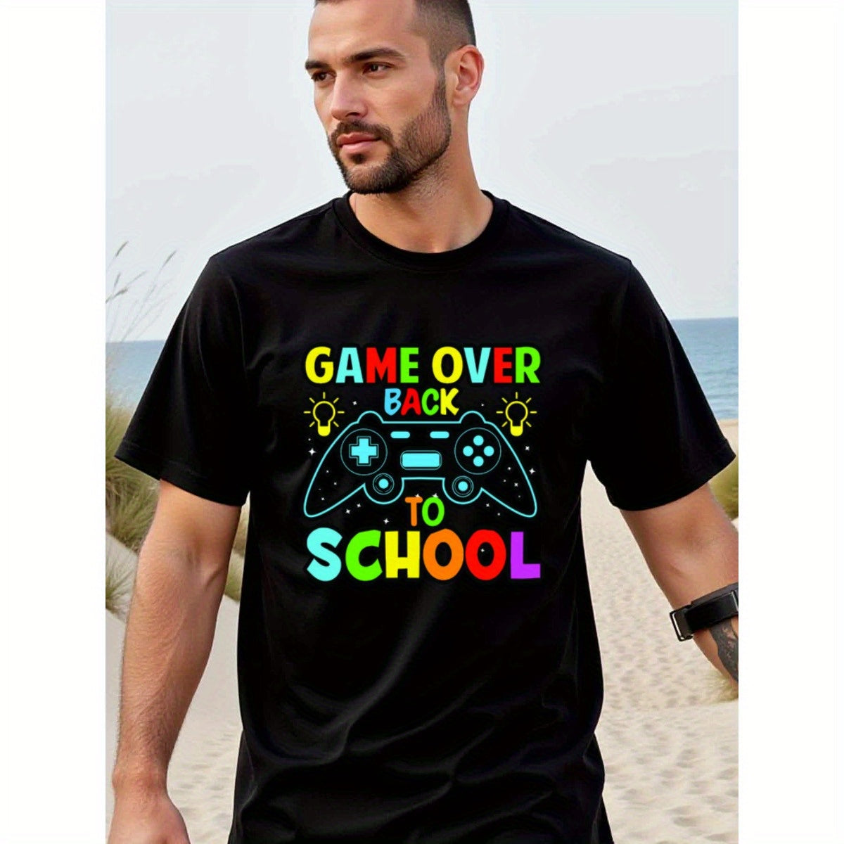natee local warehouse clearance Back to School Gamer T-shirt: Game Over, Back to School, man's T-Shirt,100% Cotton Fabric,Crew Neck,Short Sleeve,Regular Fit,All-Season Casual Wear,180gsm-Ideal For Summer Holiday Gift, 男t