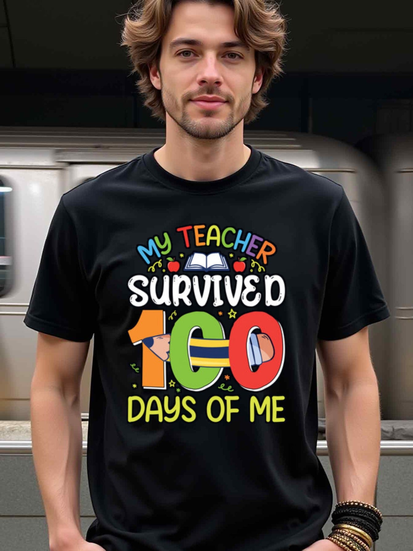 natee local warehouse clearance 100 Days of School Teacher Survival Shirt, man's T-Shirt,100% Cotton Fabric,Crew Neck,Short Sleeve,Regular Fit,All-Season Casual Wear,180gsm-Ideal for All Saints' Day Thanksgiving Day, 男t