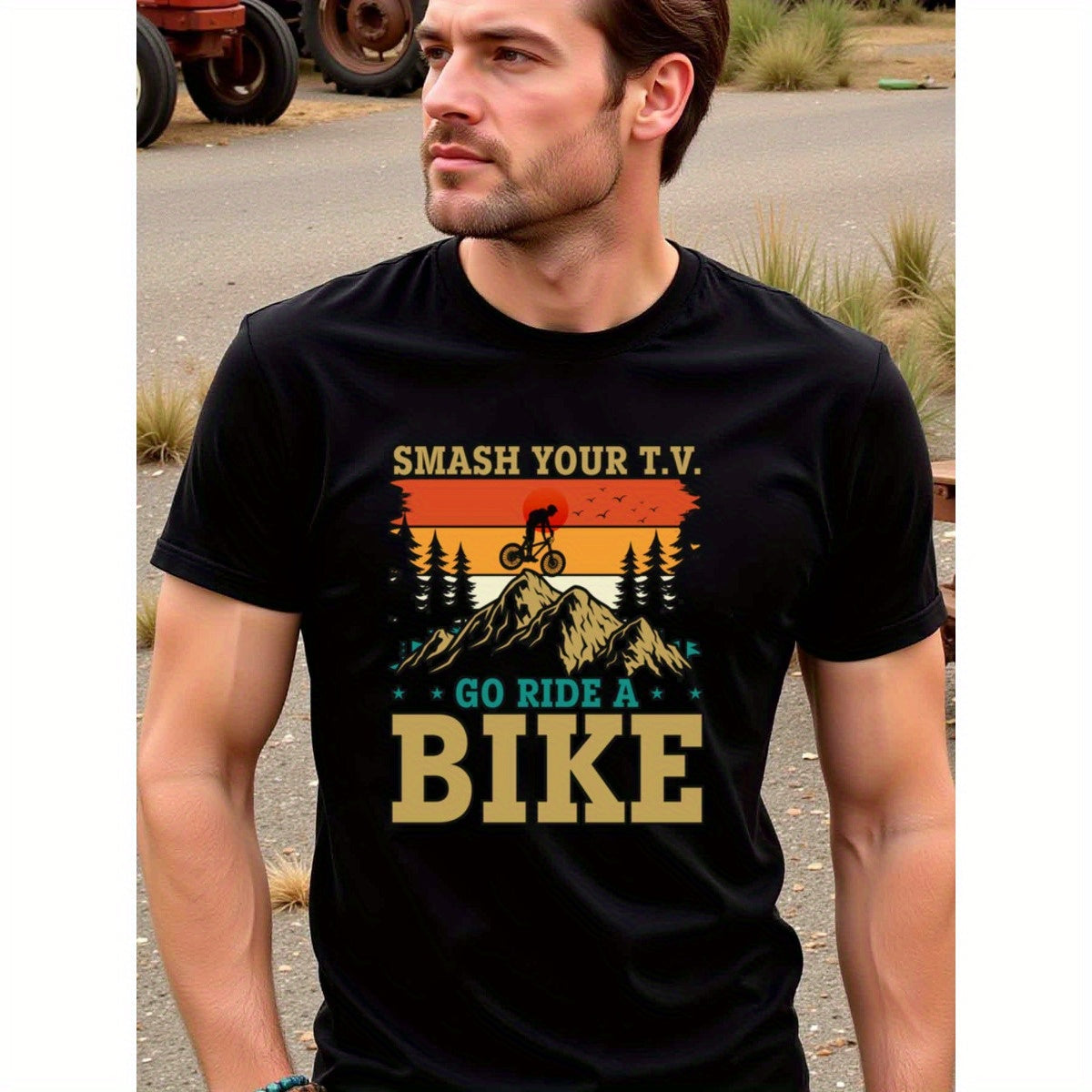 natee local warehouse clearance Adventure Awaits: Smash Your Tv, Go Ride a Bike T-shirt, man's T-Shirt,100% Cotton Fabric,Crew Neck,Short Sleeve,Regular Fit,All-Season Casual Wear,180gsm-Ideal for Valentines Christian festival Thanksgiving Day, 男t