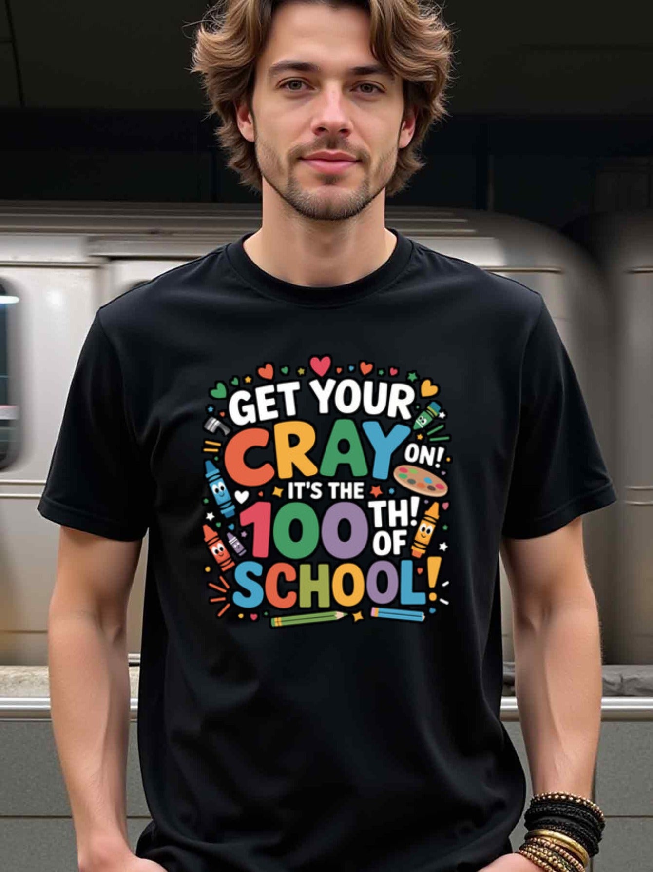 natee local warehouse clearance 100th Day of School Crayon Celebration T-shirt, man's T-Shirt,100% Cotton Fabric,Crew Neck,Short Sleeve,Regular Fit,All-Season Casual Wear,180gsm-Ideal for Valentines Christian festival Thanksgiving Day, 男t