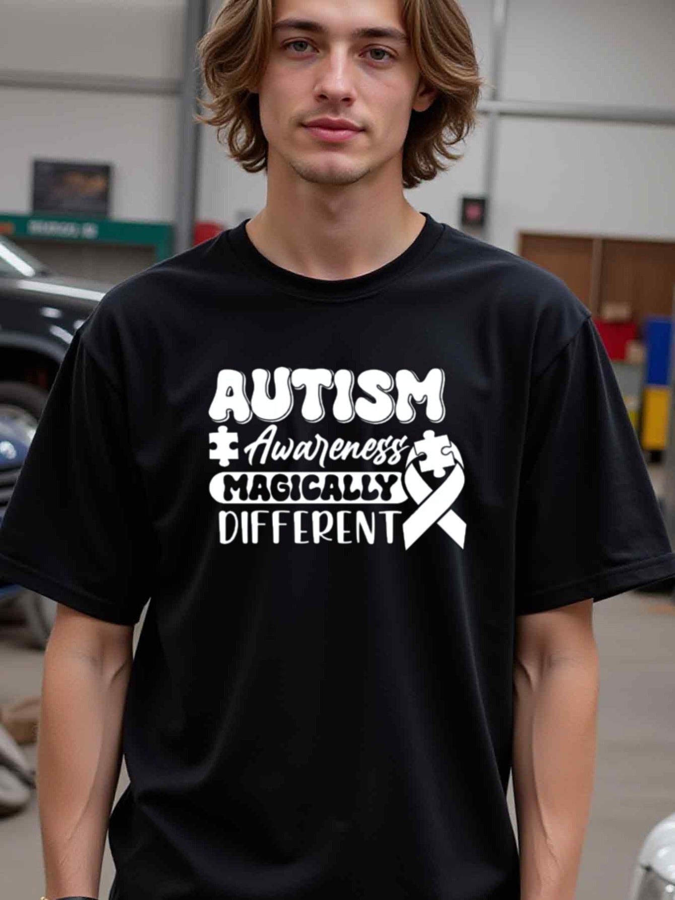 natee local warehouse clearance Autism Awareness: Magically Different Puzzle Piece Ribbon T-shirt, 男t, 男t