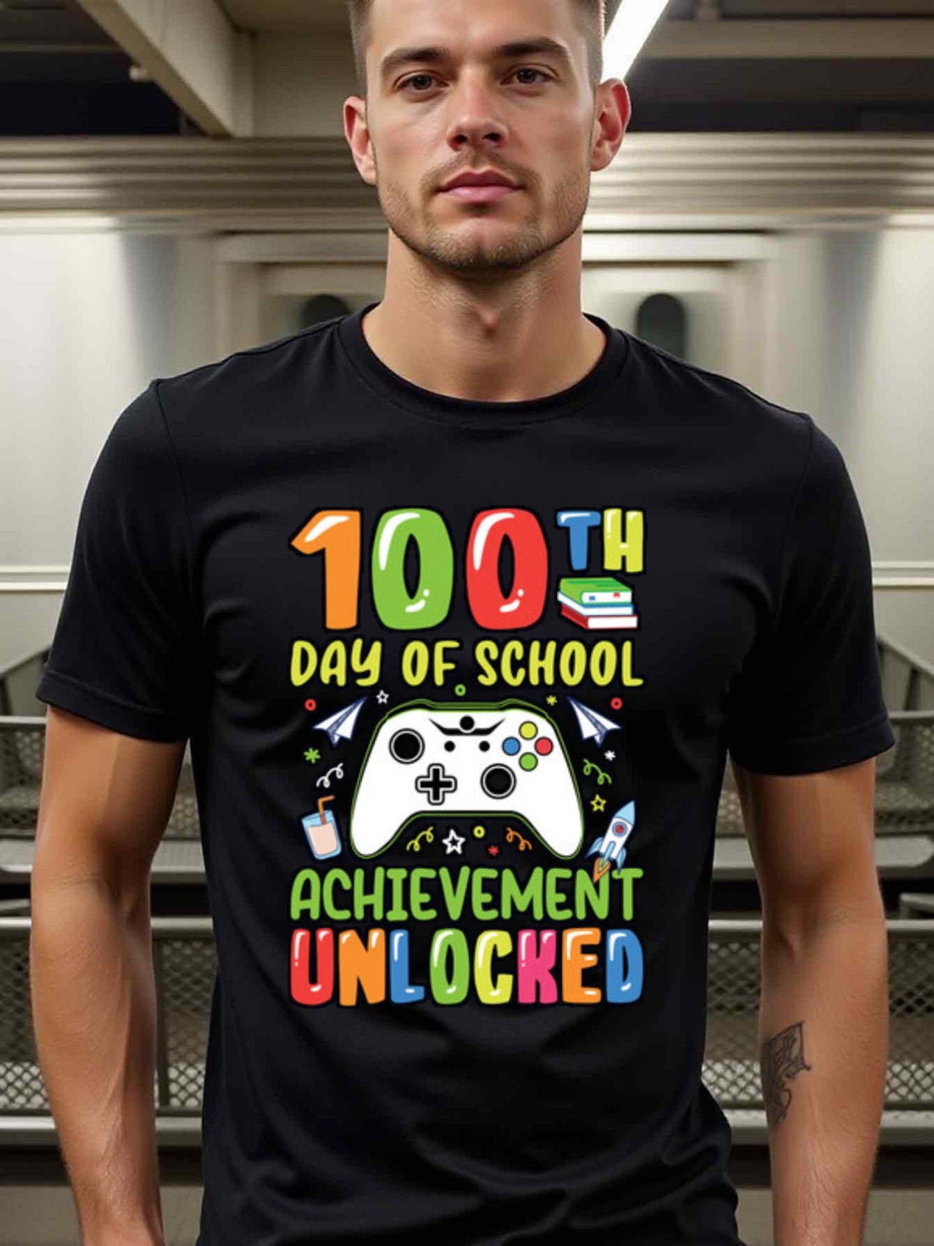 natee local warehouse clearance 100th Day of School: Achievement Unlocked Gamer Shirt, 100% Cotton Fabric,Crew Neck,Short Sleeve,Regular Fit,All-season casual wear for man and teens-perfect for running, hiking, the beach, and parties Christian festival Th
