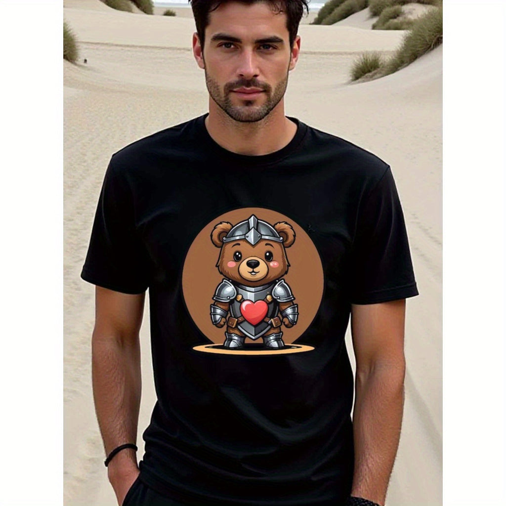 natee local warehouse clearance Armored Teddy Bear with Heart Graphic T-shirt, man's T-Shirt,100% Cotton Fabric,Crew Neck,Short Sleeve,Regular Fit,All-Season Casual Wear,180gsm-Ideal for Valentines Christian festival Thanksgiving Day, 男t