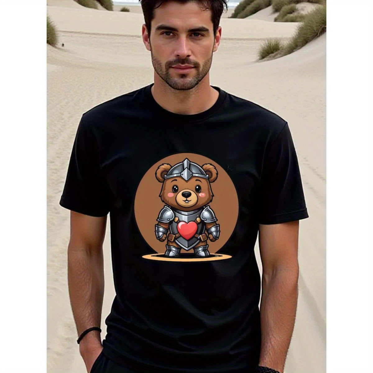 natee local warehouse clearance Armored Teddy Bear with Heart Graphic T-shirt, man's T-Shirt,100% Cotton Fabric,Crew Neck,Short Sleeve,Regular Fit,All-Season Casual Wear,180gsm-Ideal for Valentines Christian festival Thanksgiving Day, 男t