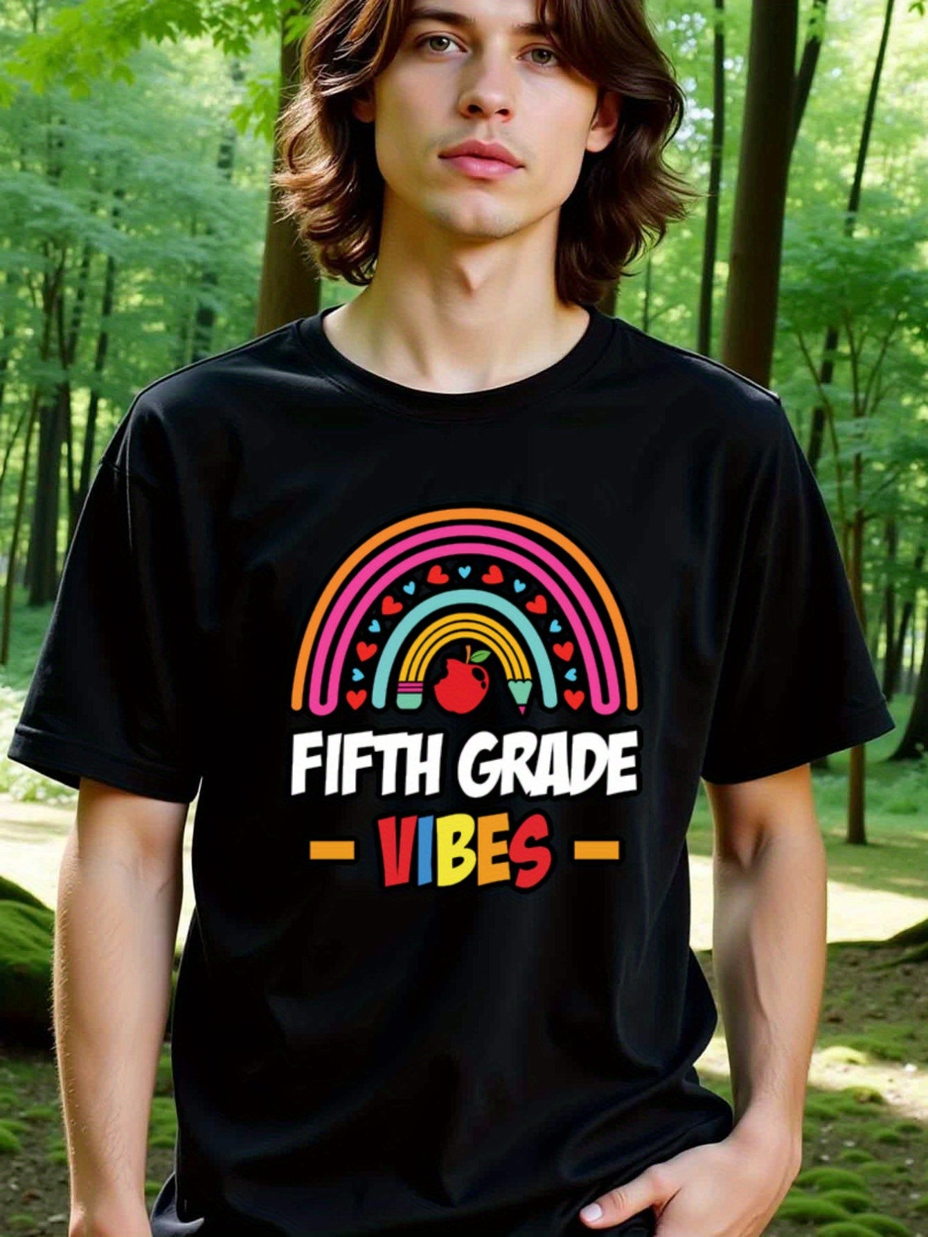 natee local warehouse clearance Back to School Fifth Grade Vibes Rainbow Teacher Shirt, man's T-Shirt,100% Cotton Fabric,Crew Neck,Short Sleeve,Regular Fit,All-Season Casual Wear,180gsm-Ideal for Valentines Christian festival Thanksgiving Day, 男t