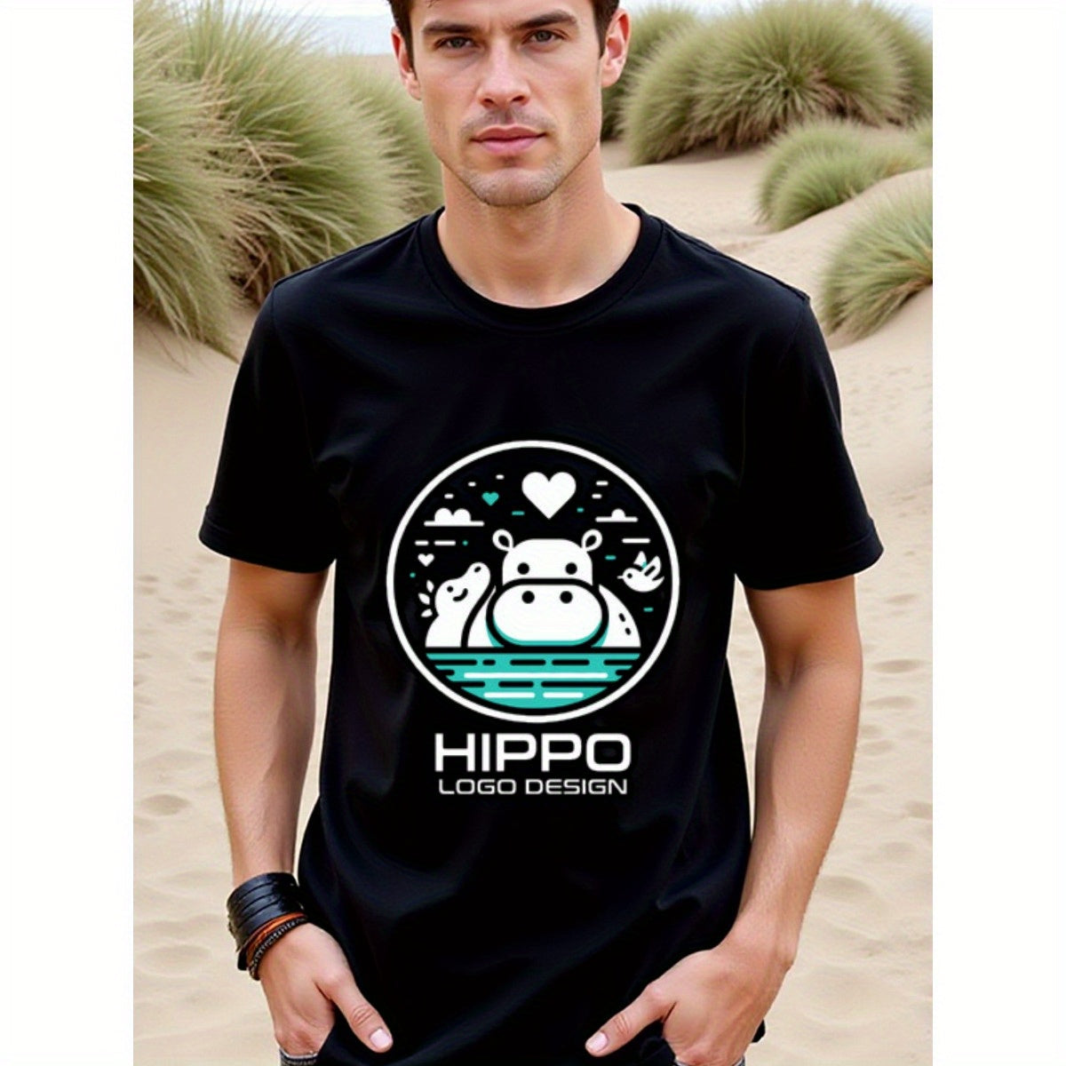 natee local warehouse clearance Adorable Hippo Logo Design Black T-shirt, man's T-Shirt,100% Cotton Fabric,Crew Neck,Short Sleeve,Regular Fit,All-Season Casual Wear,180gsm-Ideal For Summer Holiday Gift, 男t