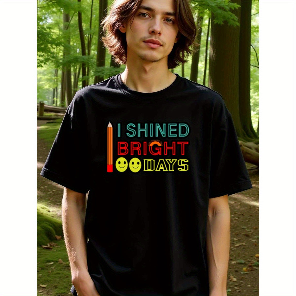 natee local warehouse clearance 100 Days of Shining Bright: Colorful Pencil T-shirt, man's T-Shirt,100% Cotton Fabric,Crew Neck,Short Sleeve,Regular Fit,All-Season Casual Wear,180gsm-Ideal For Summer Holiday Gift, 男t