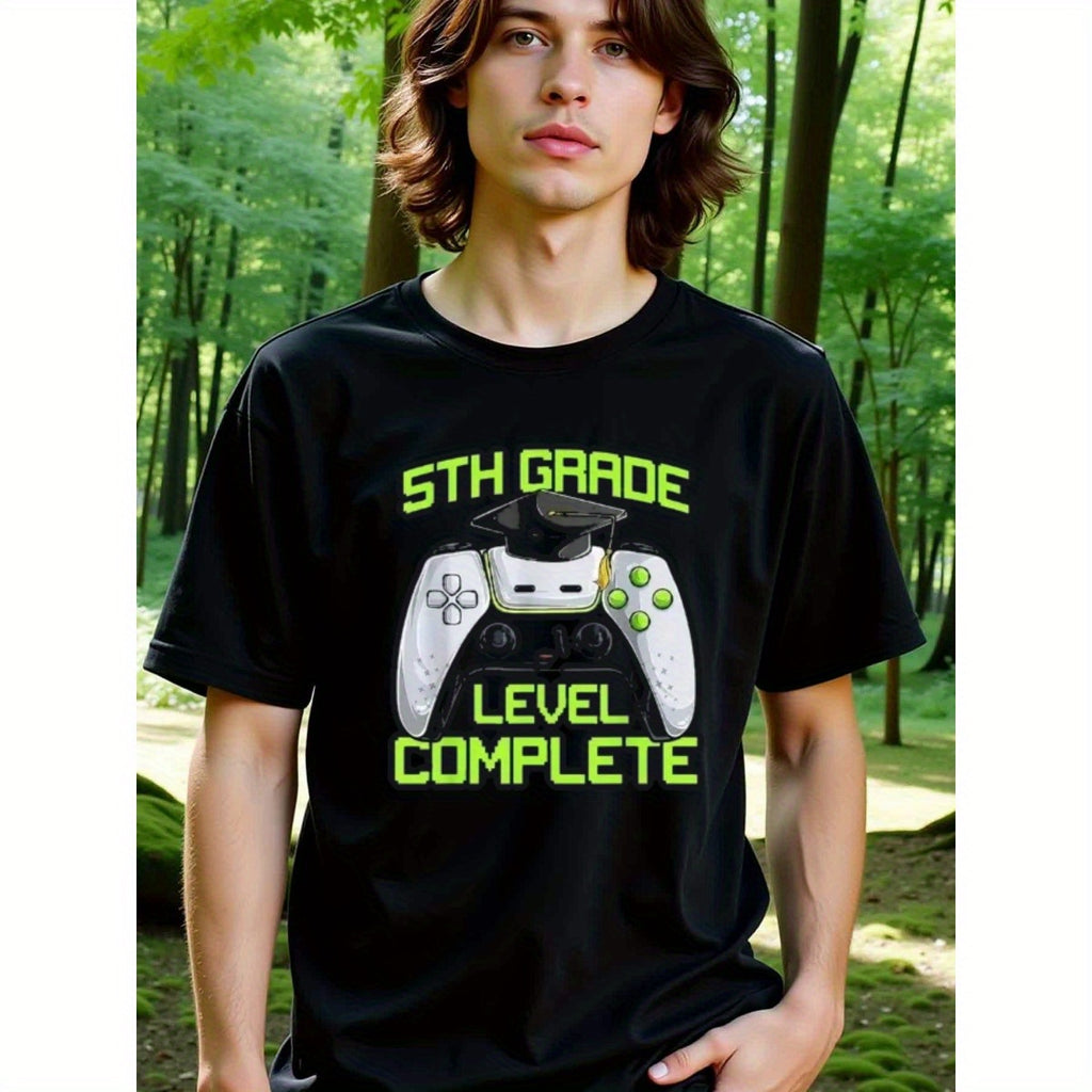 natee local warehouse clearance 5th Grade Level Complete Gamer Graduation T-shirt, 100% Cotton Fabric,Crew Neck,Regular Fit,Weekend Casual Wear,180gsm Family Friends Christian festival Thanksgiving Day, 男t