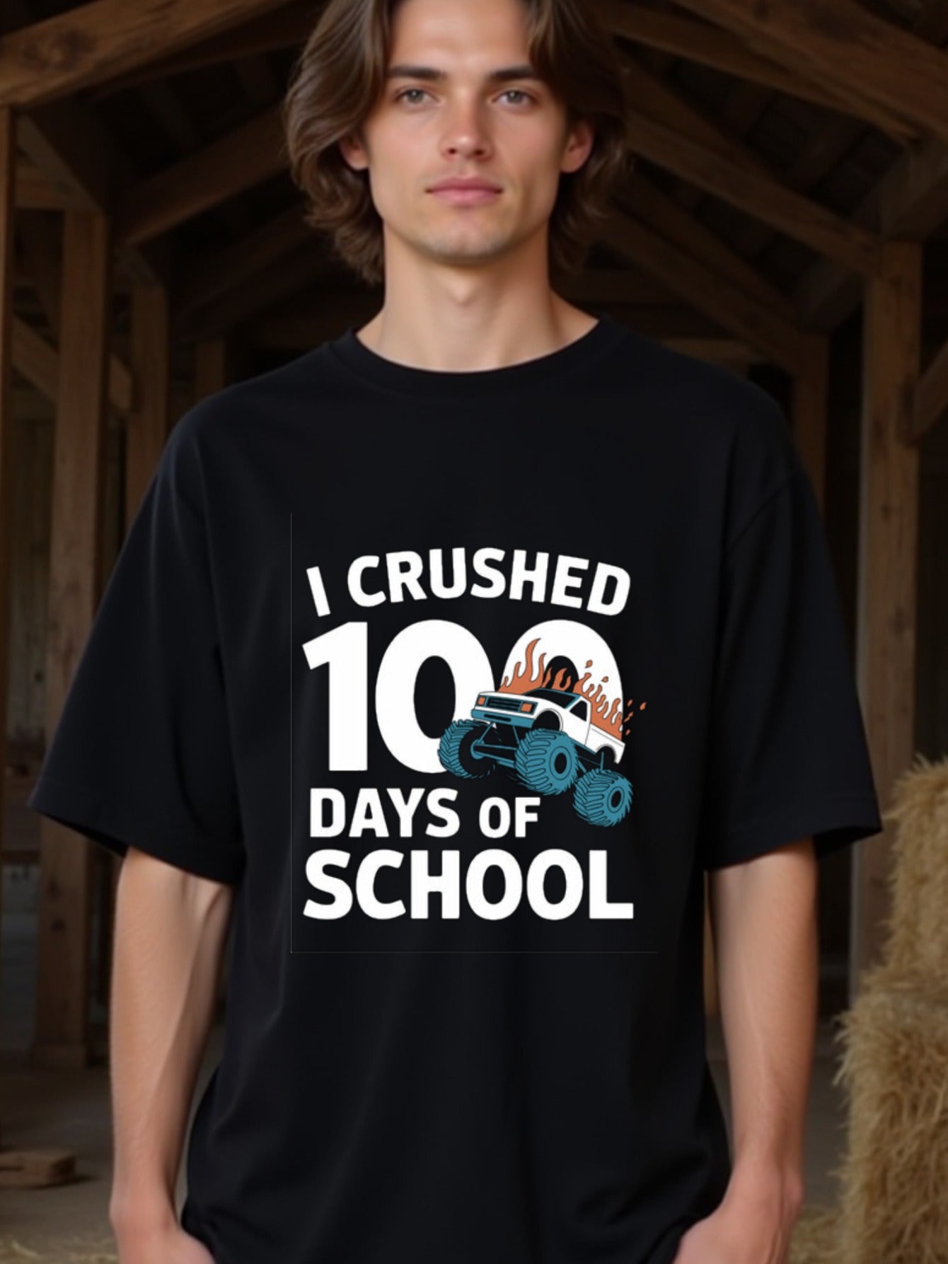 natee local warehouse clearance 100 Days of School Monster Truck T-shirt, man's T-Shirt,100% Cotton Fabric,Crew Neck,Short Sleeve,Regular Fit,All-Season Casual Wear,180gsm-Ideal For Summer Holiday Gift,