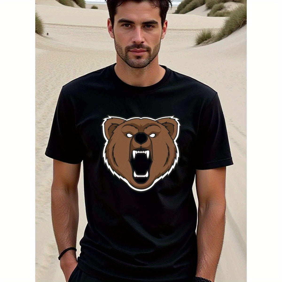 natee local warehouse clearance Angry Bear Graphic Tee - Bold and Wild Design, 100% Cotton Fabric,Crew Neck,Regular Fit,Weekend Casual Wear,180gsm Family Friends Christian festival Thanksgiving Day, 男t