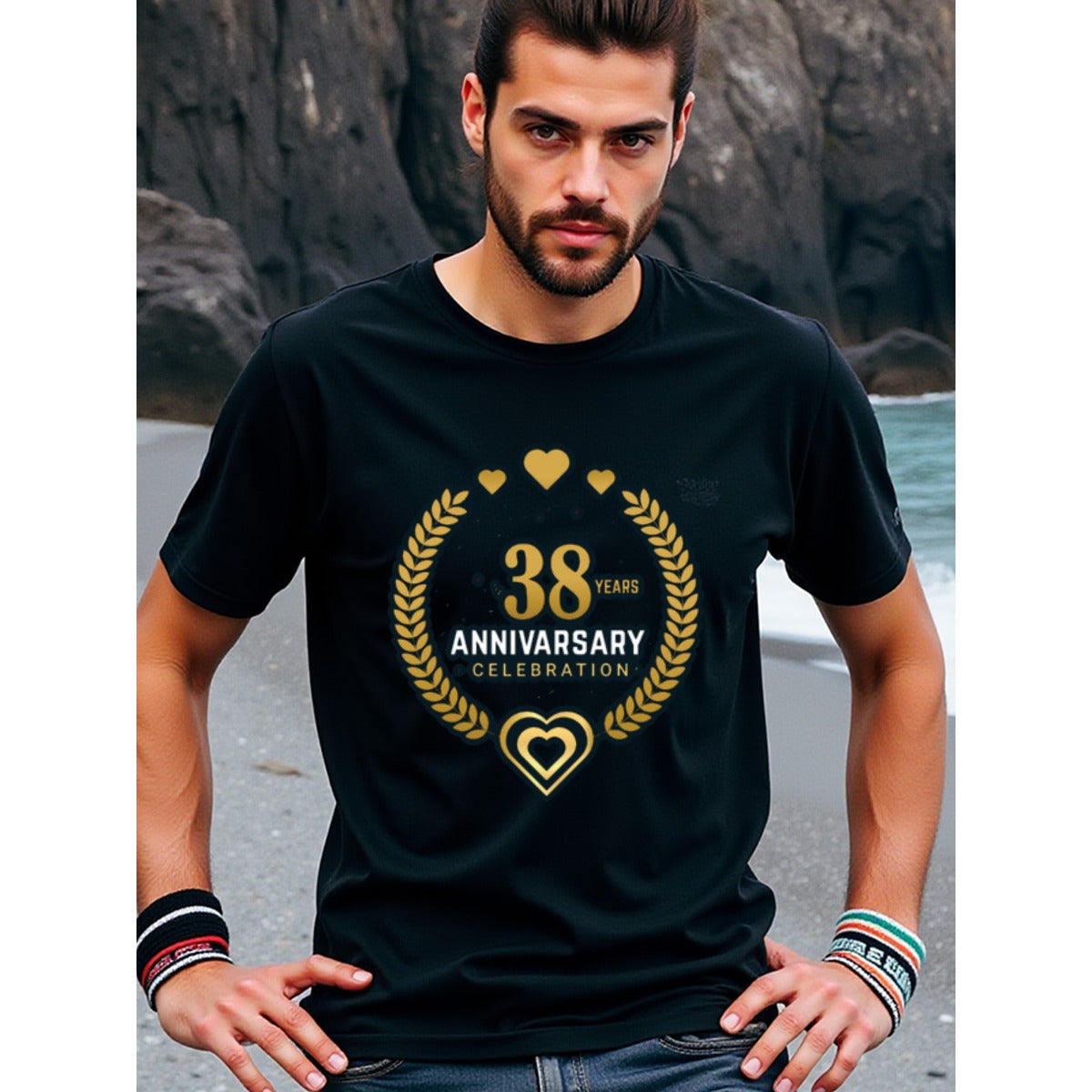 natee local warehouse clearance 38th Anniversary Celebration T-shirt - Black, man's T-Shirt,100% Cotton Fabric,Crew Neck,Short Sleeve,Regular Fit,All-Season Casual Wear,180gsm-Ideal for Valentines Christian festival Thanksgiving Day, 男t