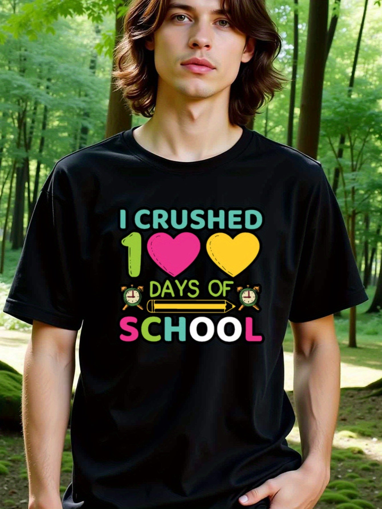 natee local warehouse clearance 100 Days of School Celebration T-shirt, man's T-Shirt,100% Cotton Fabric,Crew Neck,Short Sleeve,Regular Fit,All-Season Casual Wear,180gsm-Ideal for Valentines Christian festival Thanksgiving Day, 男t