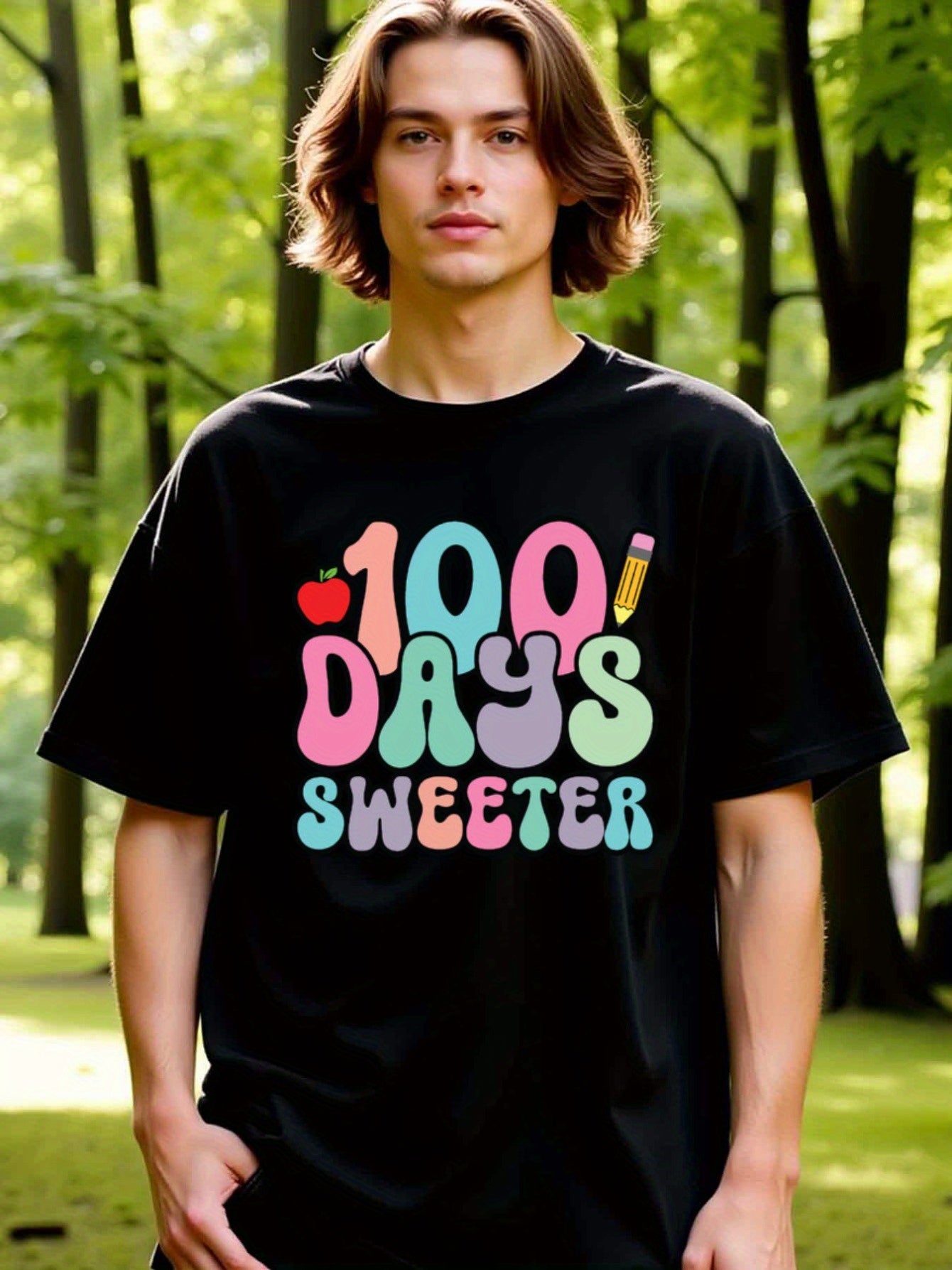 natee local warehouse clearance 100 Days Sweeter: Colorful Typography T-shirt, 100% Cotton Fabric,Crew Neck,Short Sleeve,Regular Fit,All-season casual wear for man and teens-perfect for running, hiking, the beach, and parties Christian festival Thanksgivi