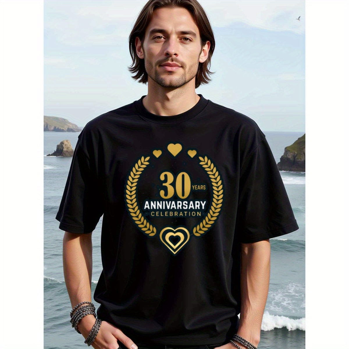 natee local warehouse clearance 30th Anniversary Celebration T-shirt - Black & Gold Hearts Design, man's T-Shirt,100% Cotton Fabric,Crew Neck,Short Sleeve,Regular Fit,All-Season Casual Wear,180gsm-Ideal for All Saints' Day Thanksgiving Day, 男t