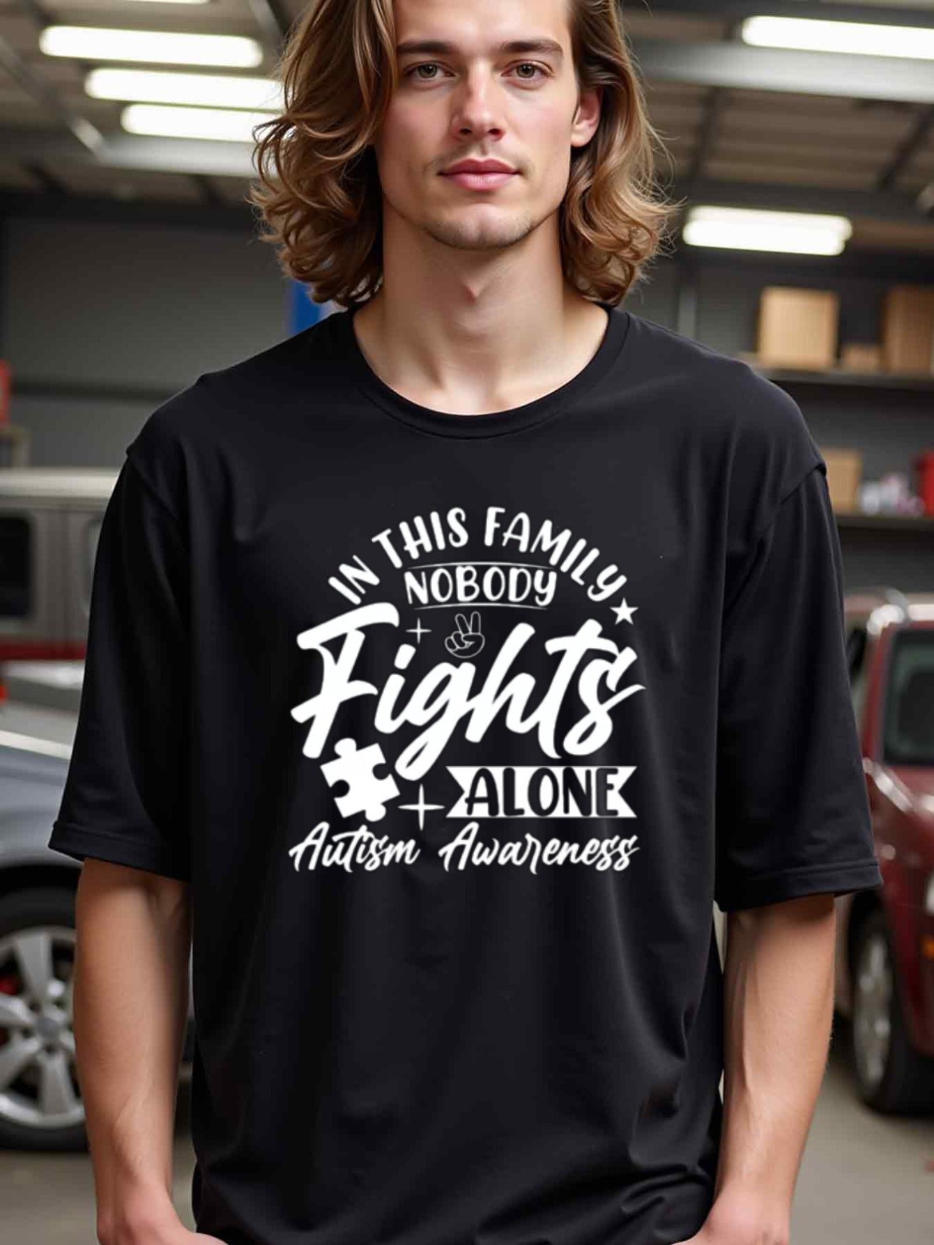 natee local warehouse clearance Autism Awareness: in This Family, Nobody Fights Alone, man's T-Shirt,100% Cotton Fabric,Crew Neck,Short Sleeve,Regular Fit,All-Season Casual Wear,180gsm-Ideal for Valentines Christian festival Thanksgiving Day, 男t