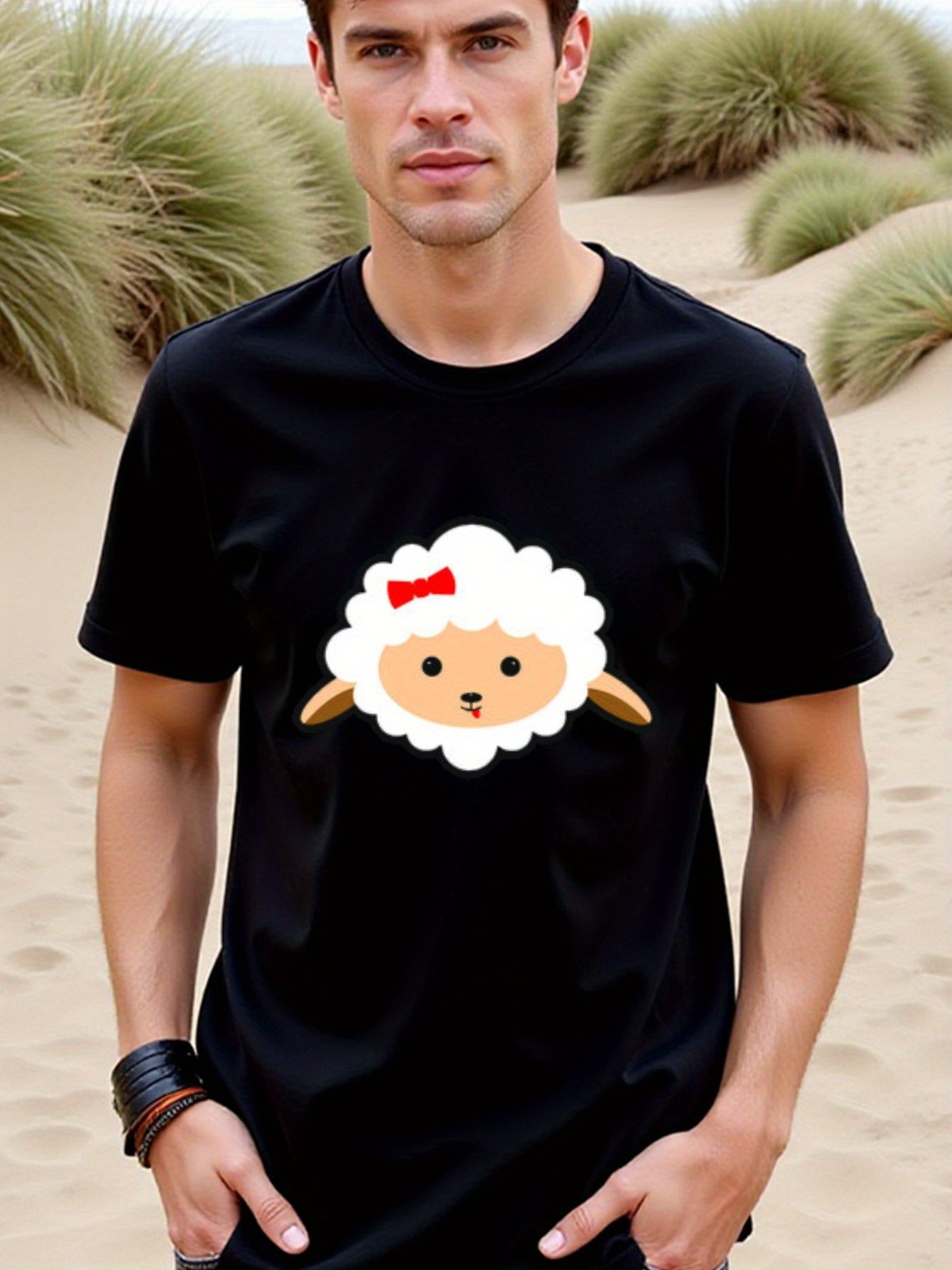 natee local warehouse clearance Adorable Sheep Graphic Tee - Fun and Casual Wear, 100% Cotton Fabric,Crew Neck,Regular Fit,Weekend Casual Wear,180gsm Family Friends Christian festival Thanksgiving Day, 男t