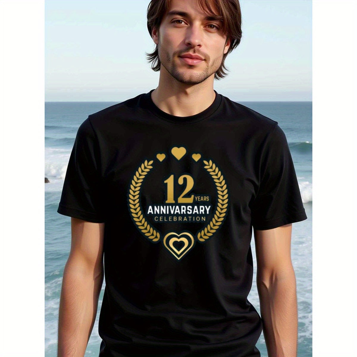 natee local warehouse clearance 12th Anniversary Celebration T-shirt - Black & Gold Hearts Design, 男t