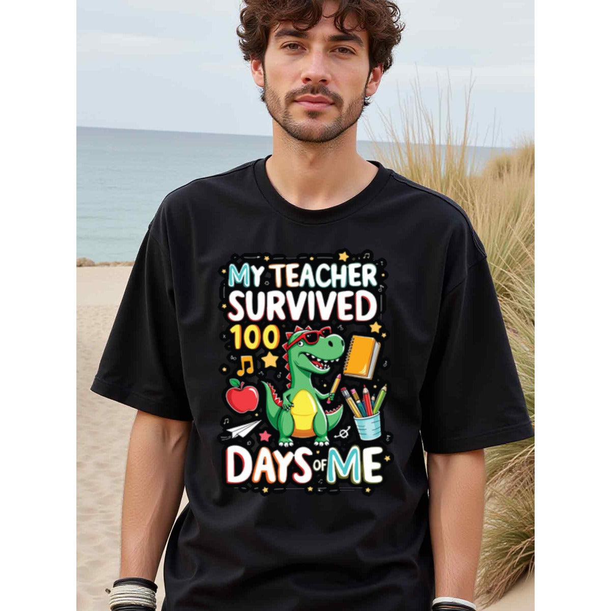 natee local warehouse clearance 100 Days of School Dinosaur Teacher Survival Shirt, man's T-Shirt,100% Cotton Fabric,Crew Neck,Short Sleeve,Regular Fit,All-Season Casual Wear,180gsm-Ideal for Valentines Christian festival Thanksgiving Day, 男t