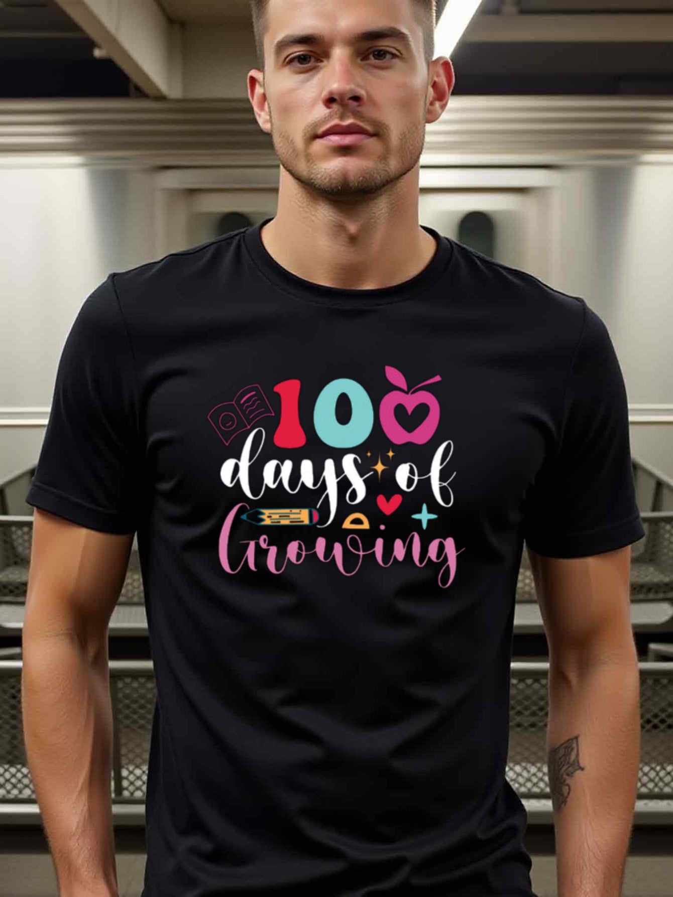 natee local warehouse clearance 100 Days of Growing: Celebrate Learning with Style!, man's T-Shirt,100% Cotton Fabric,Crew Neck,Short Sleeve,Regular Fit,All-Season Casual Wear,180gsm-Ideal for Valentines Christian festival Thanksgiving Day, 男t