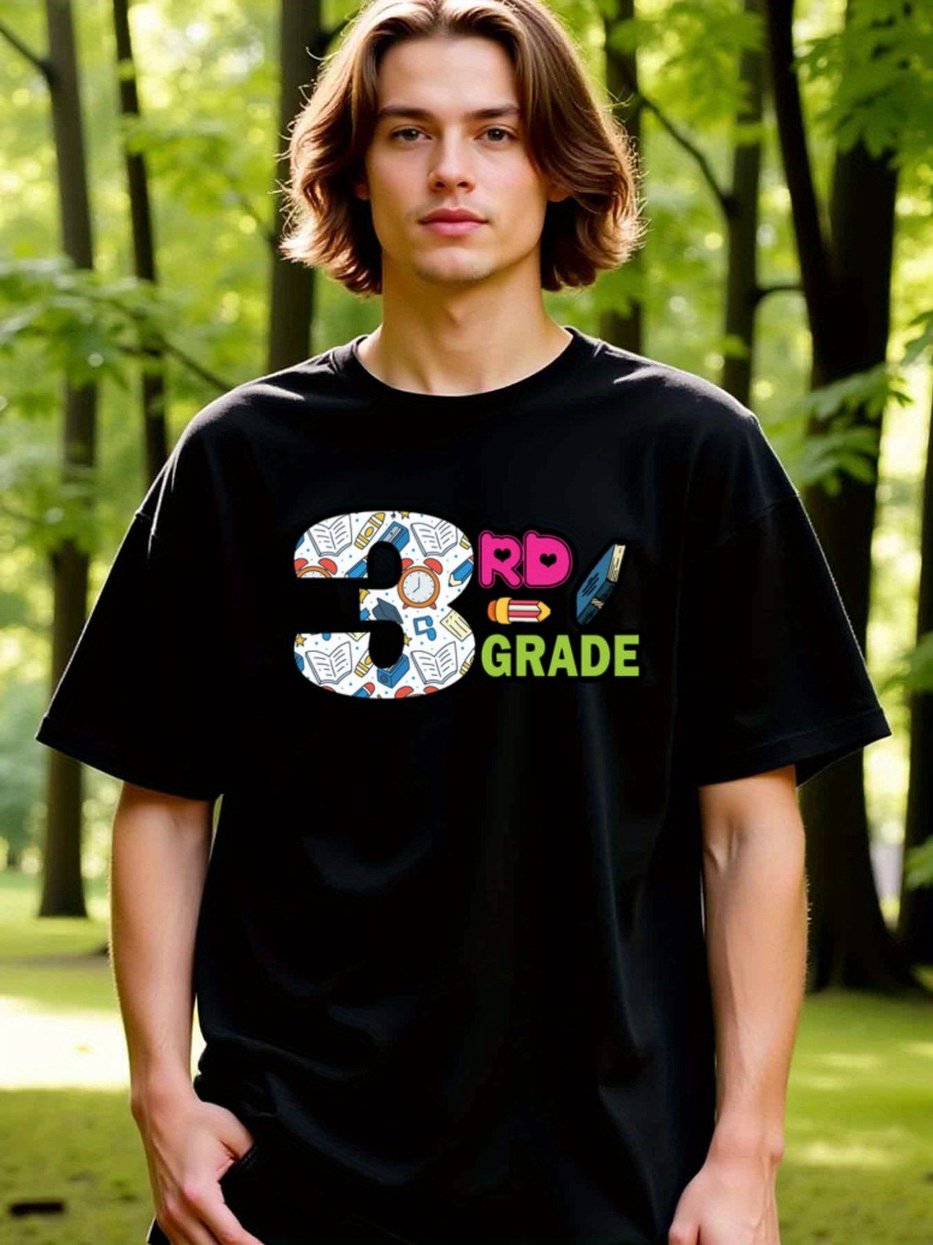 natee local warehouse clearance 3rd Grade Back-to-school Fun Black T-shirt, man's T-Shirt,100% Cotton Fabric,Crew Neck,Short Sleeve,Regular Fit,All-Season Casual Wear,180gsm-Ideal for Valentines Christian festival Thanksgiving Day, 男t