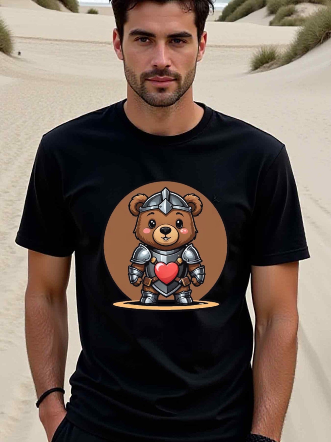 natee local warehouse clearance Armored Teddy Bear with Heart Graphic T-shirt, man's T-Shirt,100% Cotton Fabric,Crew Neck,Short Sleeve,Regular Fit,All-Season Casual Wear,180gsm-Ideal for Valentines Christian festival Thanksgiving Day, 男t