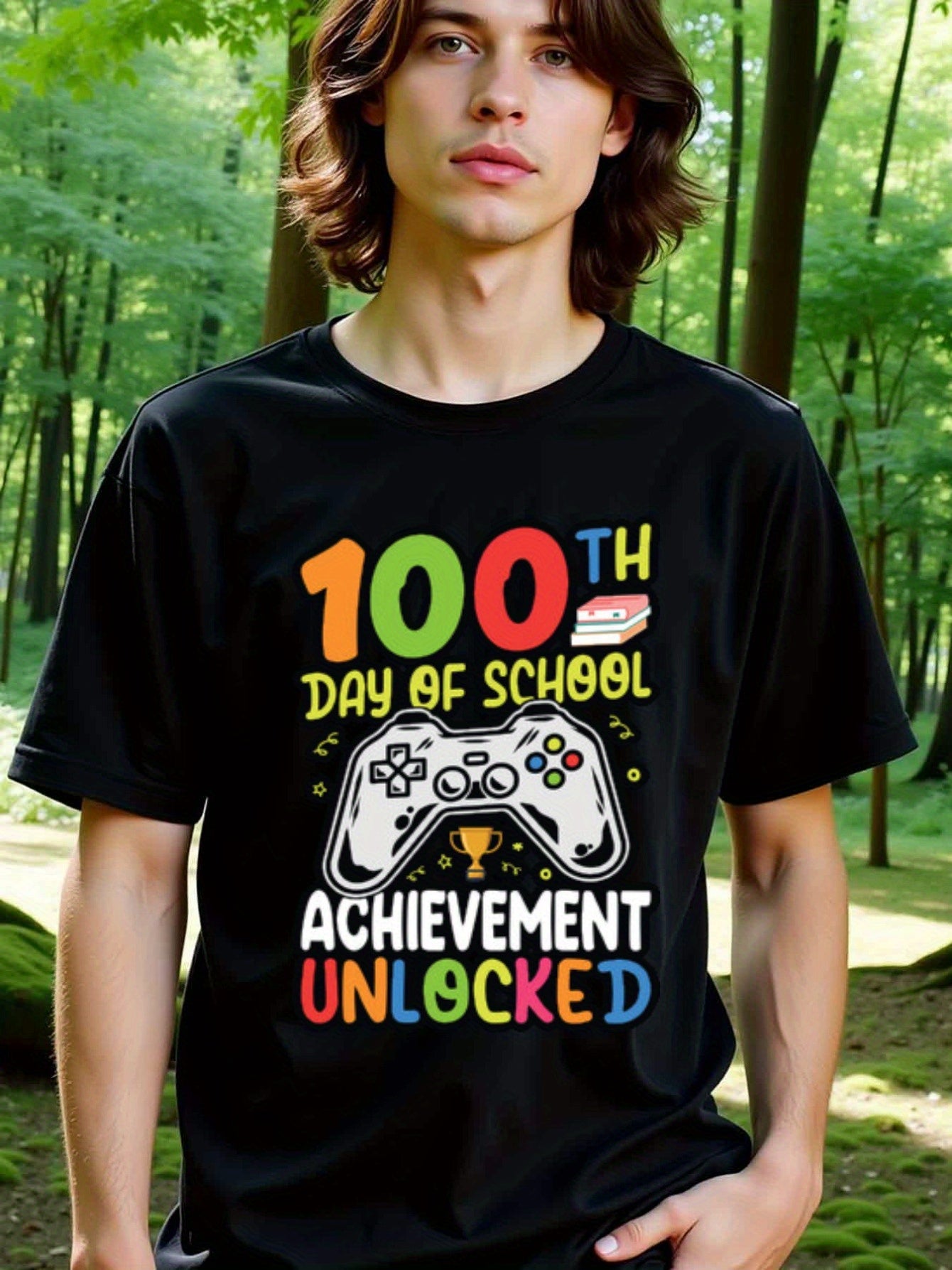 natee local warehouse clearance 100th Day of School: Achievement Unlocked Gamer T-shirt, 100% Cotton Fabric,Crew Neck,Regular Fit,Weekend Casual Wear,180gsm Family Friends Christian festival Thanksgiving Day, 男t