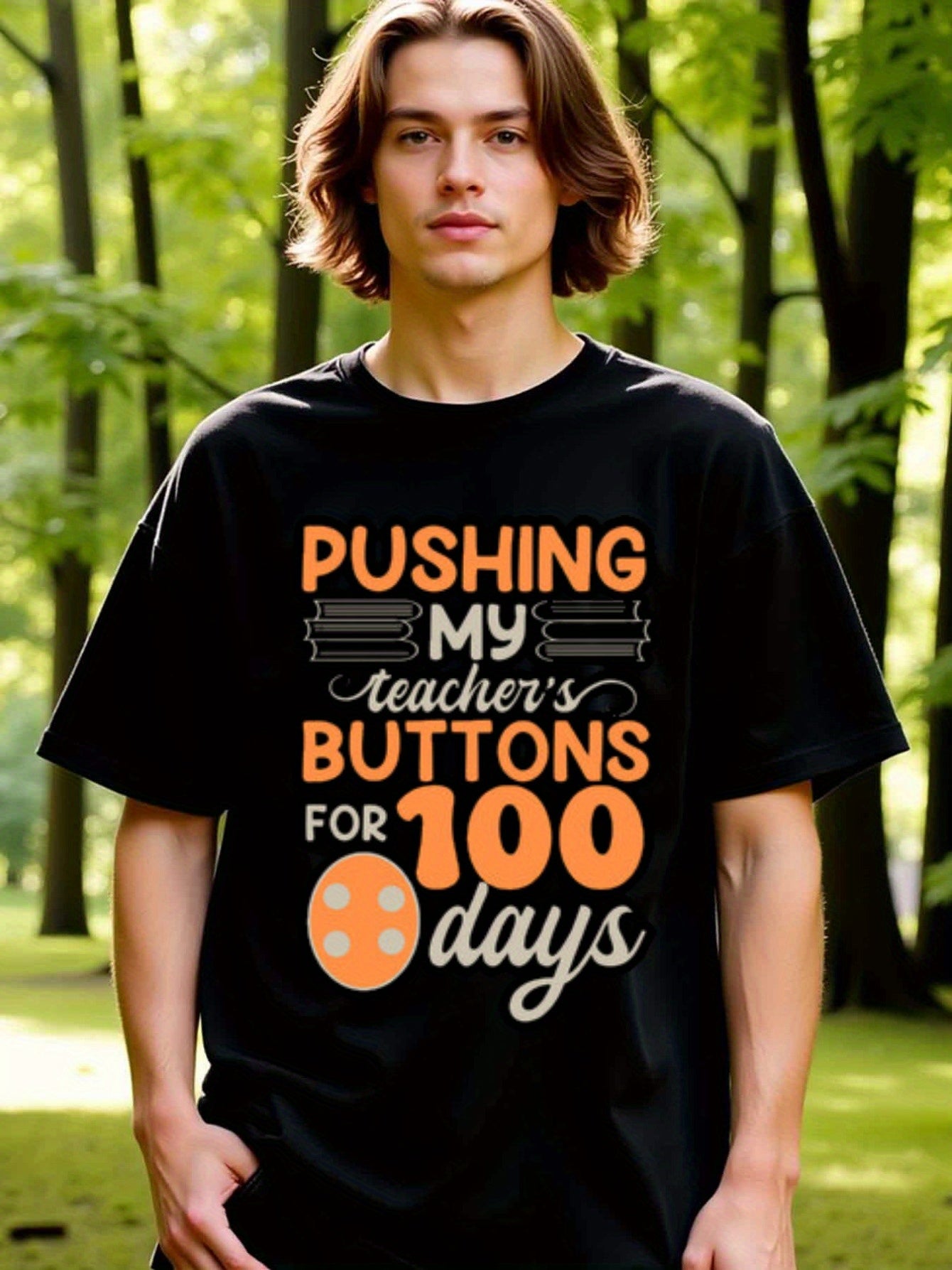natee local warehouse clearance 100 Days of School: Pushing Teacher's Buttons Shirt, man's T-Shirt,100% Cotton Fabric,Crew Neck,Short Sleeve,Regular Fit,All-Season Casual Wear,180gsm-Ideal for All Saints' Day Thanksgiving Day, 男t