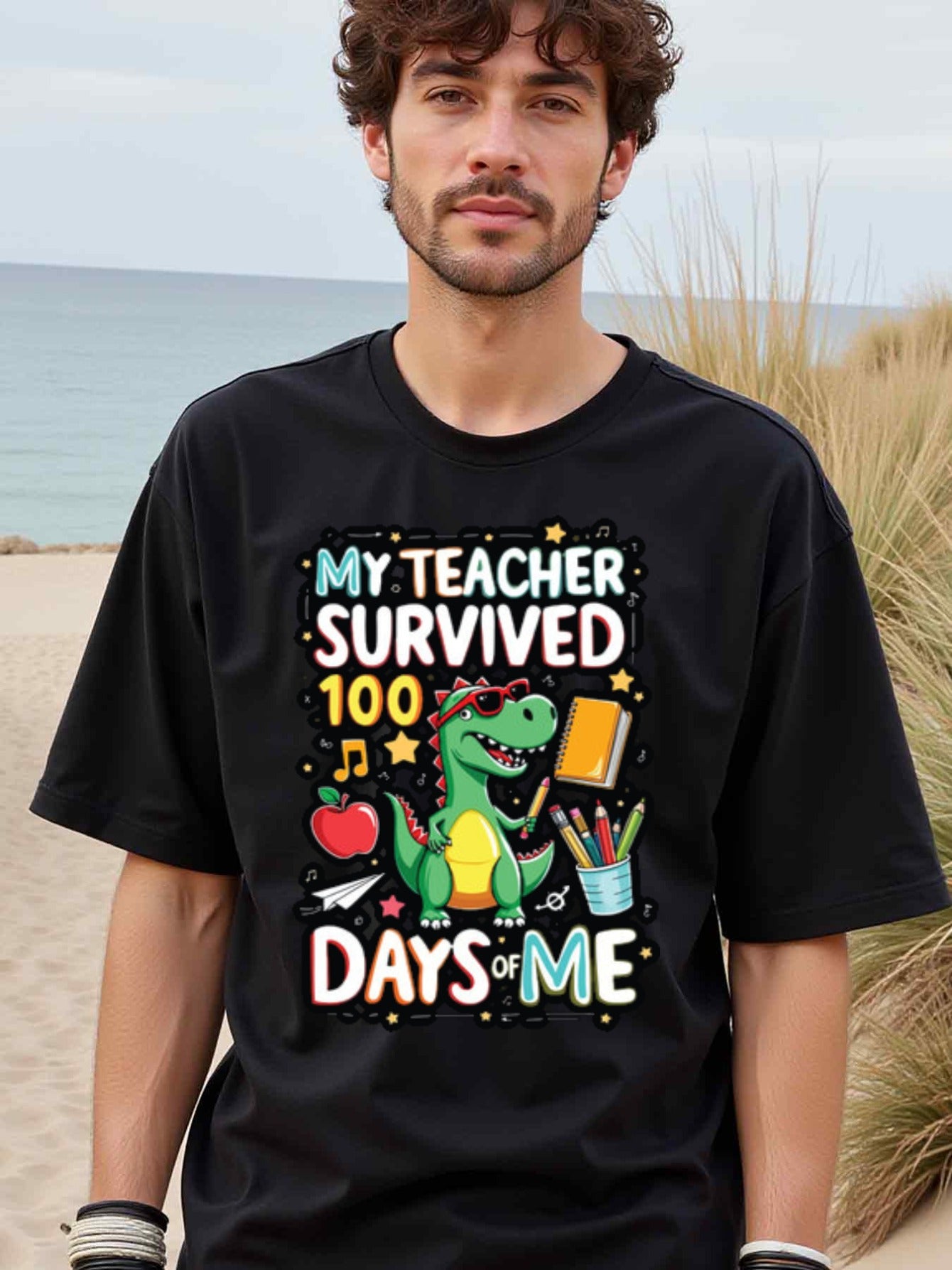 natee local warehouse clearance 100 Days of School Dinosaur Teacher Survival Shirt, man's T-Shirt,100% Cotton Fabric,Crew Neck,Short Sleeve,Regular Fit,All-Season Casual Wear,180gsm-Ideal for Valentines Christian festival Thanksgiving Day, 男t