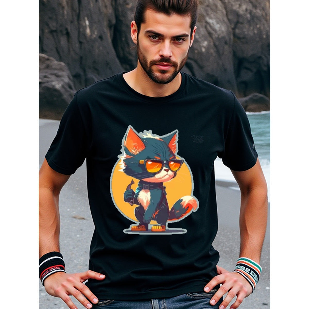 natee local warehouse clearance Badass Cat in Sunglasses Graphic Tee, 男t