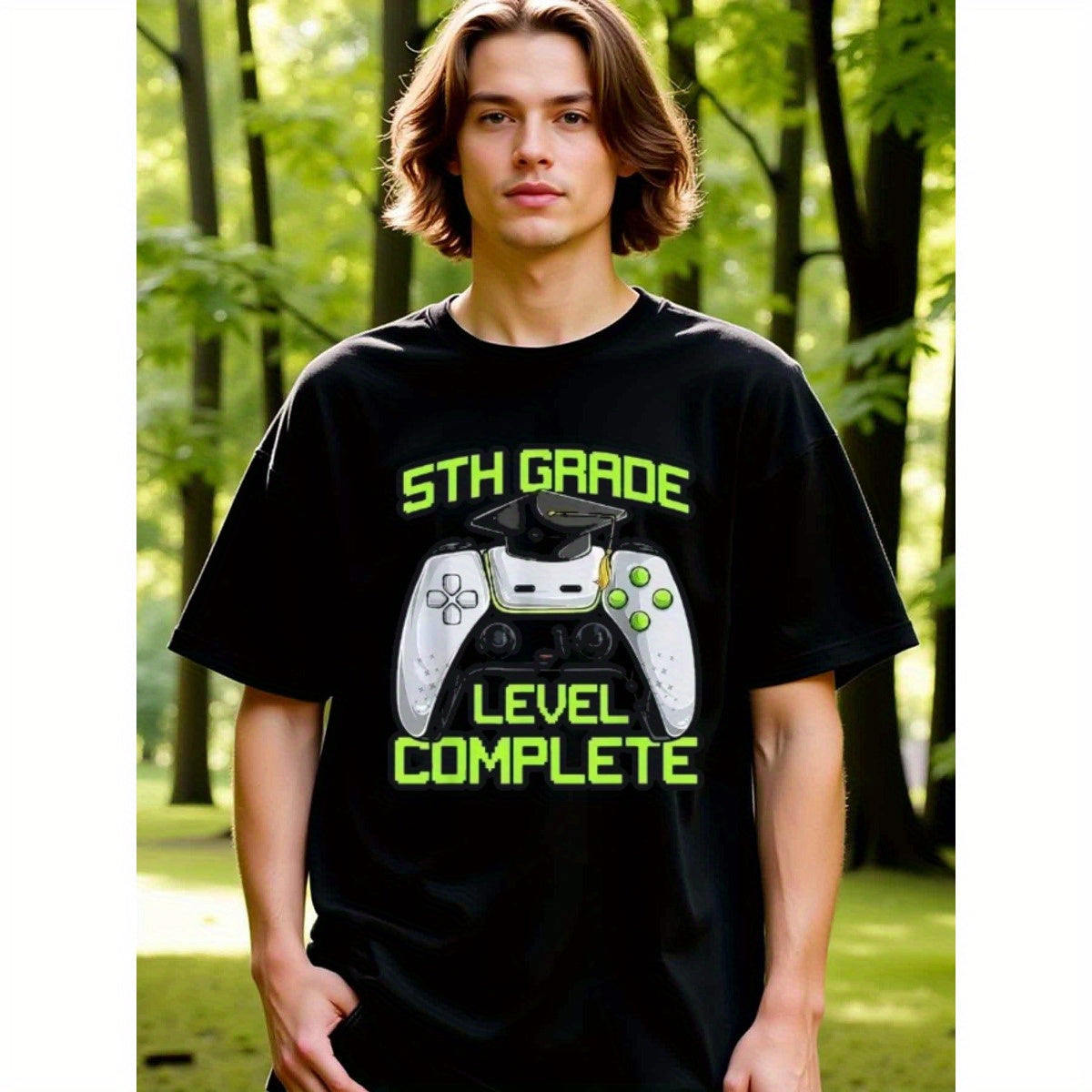 natee local warehouse clearance 5th Grade Level Complete Gamer Graduation T-shirt, man's T-Shirt,100% Cotton Fabric,Crew Neck,Short Sleeve,Regular Fit,All-Season Casual Wear,180gsm-Ideal for Valentines Christian festival Thanksgiving Day, 男t