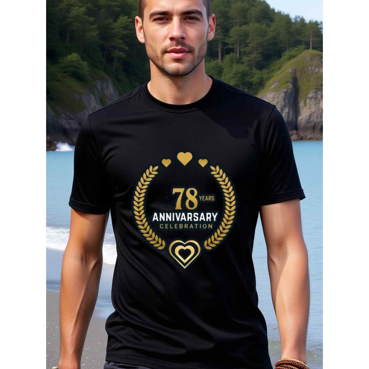 natee local warehouse clearance 78th Anniversary Celebration T-shirt - Black & Gold Hearts Design, man's T-Shirt,100% Cotton Fabric,Crew Neck,Short Sleeve,Regular Fit,All-Season Casual Wear,180gsm-Ideal For Summer Holiday Gift, 男t