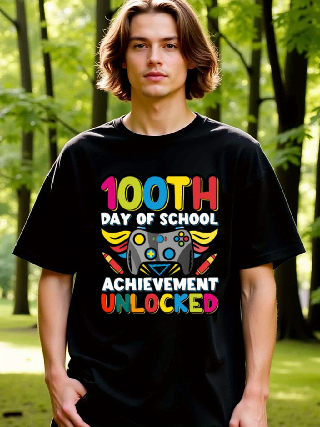 natee local warehouse clearance 100th Day of School Achievement Unlocked Gamer T-shirt, man's T-Shirt,100% Cotton Fabric,Crew Neck,Short Sleeve,Regular Fit,All-Season Casual Wear,180gsm-Ideal for Valentines Christian festival Thanksgiving Day, 男t