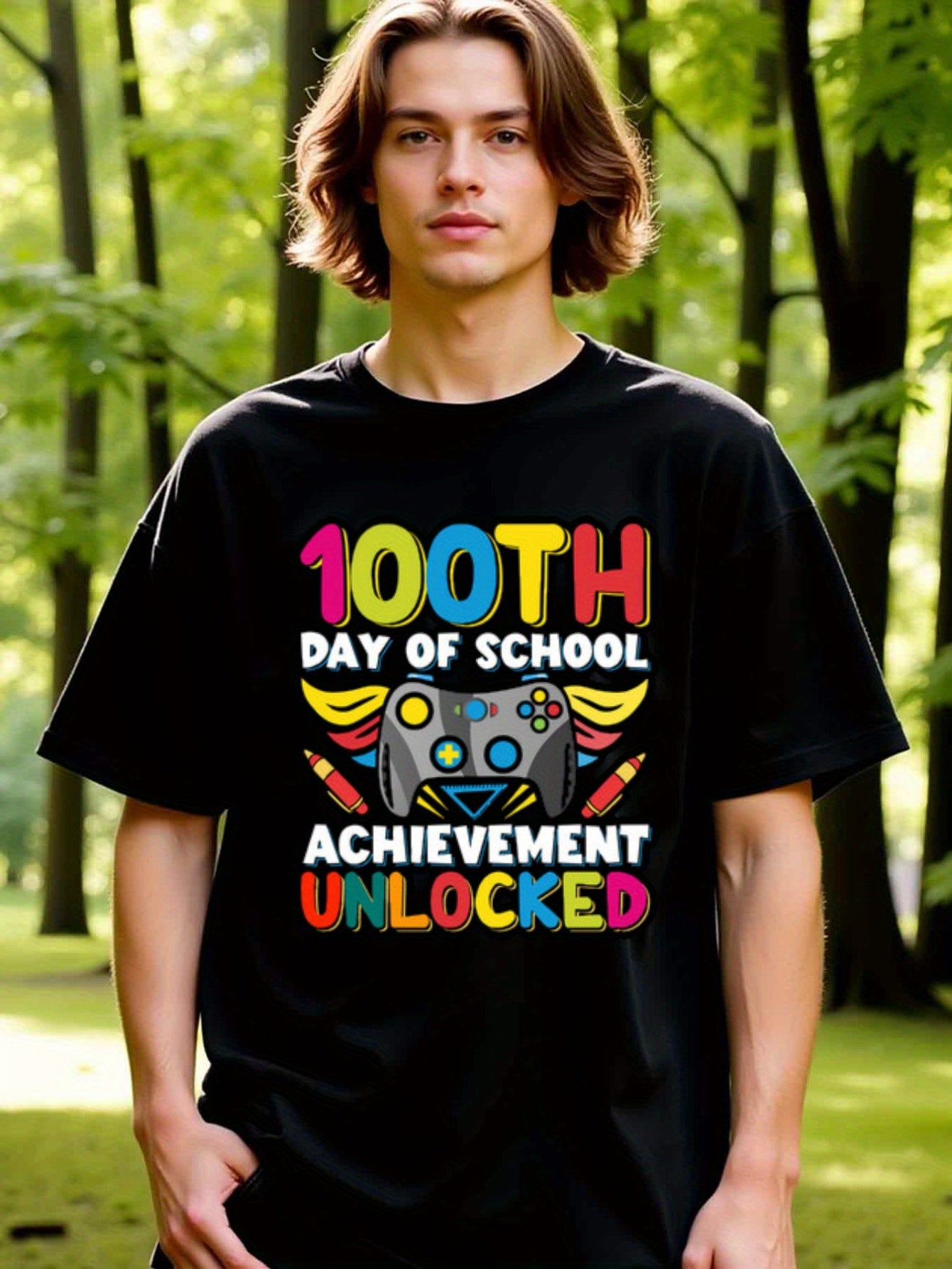 natee local warehouse clearance 100th Day of School Achievement Unlocked Gamer T-shirt, man's T-Shirt,100% Cotton Fabric,Crew Neck,Short Sleeve,Regular Fit,All-Season Casual Wear,180gsm-Ideal for Valentines Christian festival Thanksgiving Day, 男t