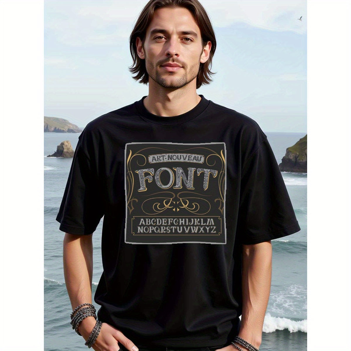 natee local warehouse clearance Art Nouveau Font Alphabet Graphic Tee, man's T-Shirt,100% Cotton Fabric,Crew Neck,Short Sleeve,Regular Fit,All-Season Casual Wear,180gsm-Ideal for Valentines Christian festival Thanksgiving Day, 男t