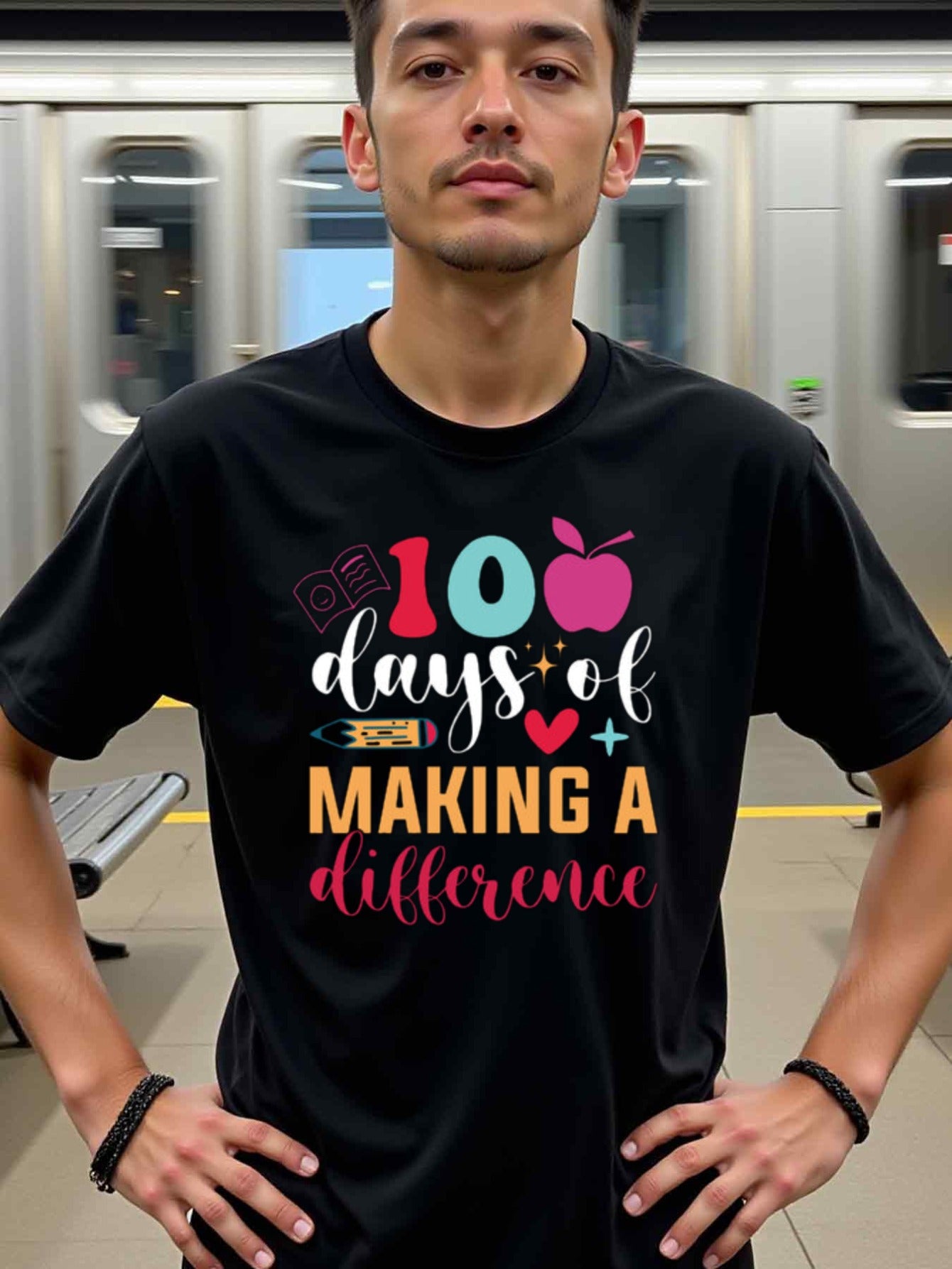natee local warehouse clearance 100 Days of Making a Difference Teacher Appreciation Shirt, man's T-Shirt,100% Cotton Fabric,Crew Neck,Short Sleeve,Regular Fit,All-Season Casual Wear,180gsm-Ideal for All Saints' Day Thanksgiving Day, 男t