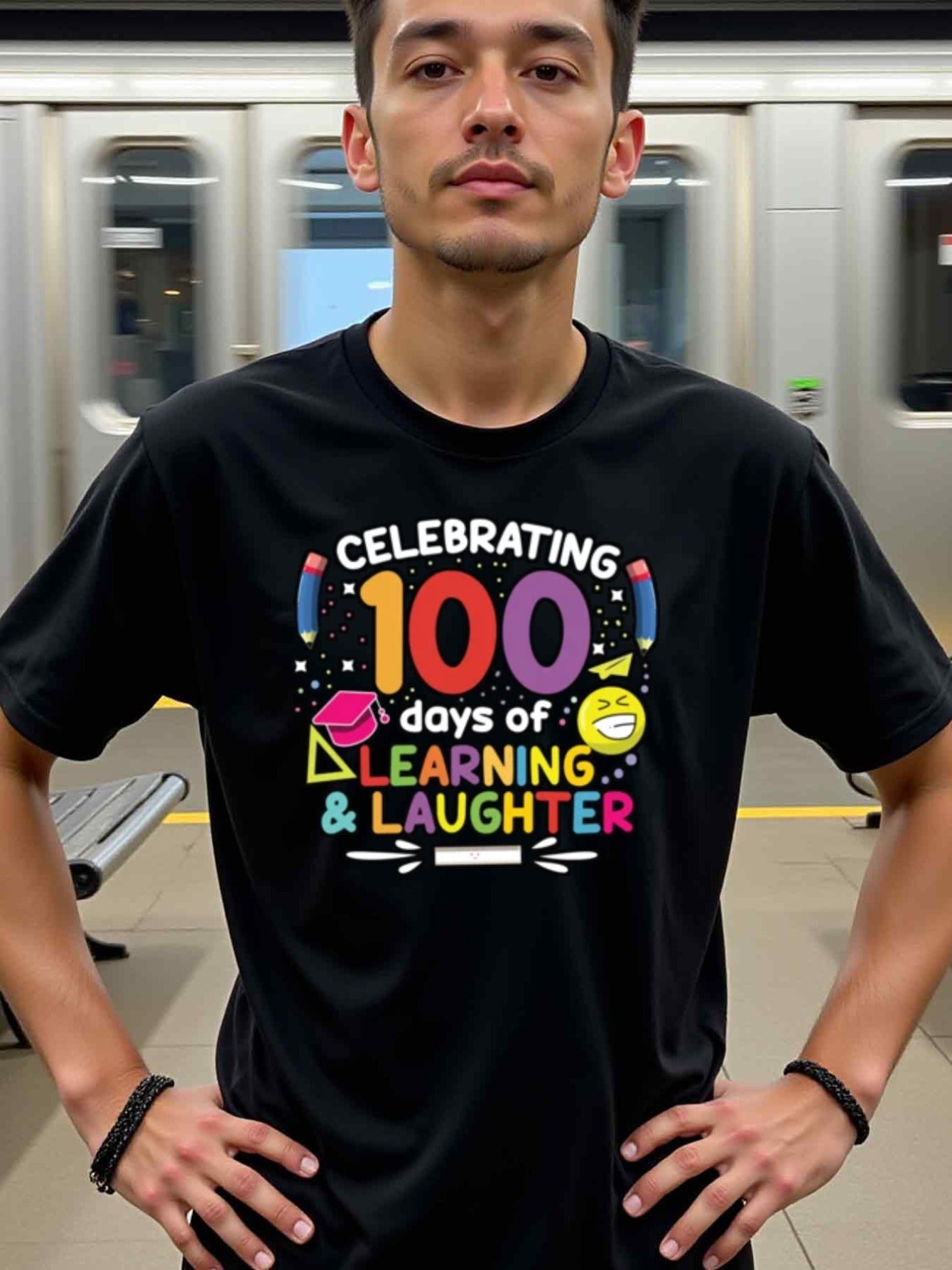 natee local warehouse clearance 100 Days of Learning & Laughter - Celebratory T-shirt, 100% Cotton Fabric,Crew Neck,Regular Fit,Weekend Casual Wear,180gsm Family Friends Christian festival Thanksgiving Day, 男t