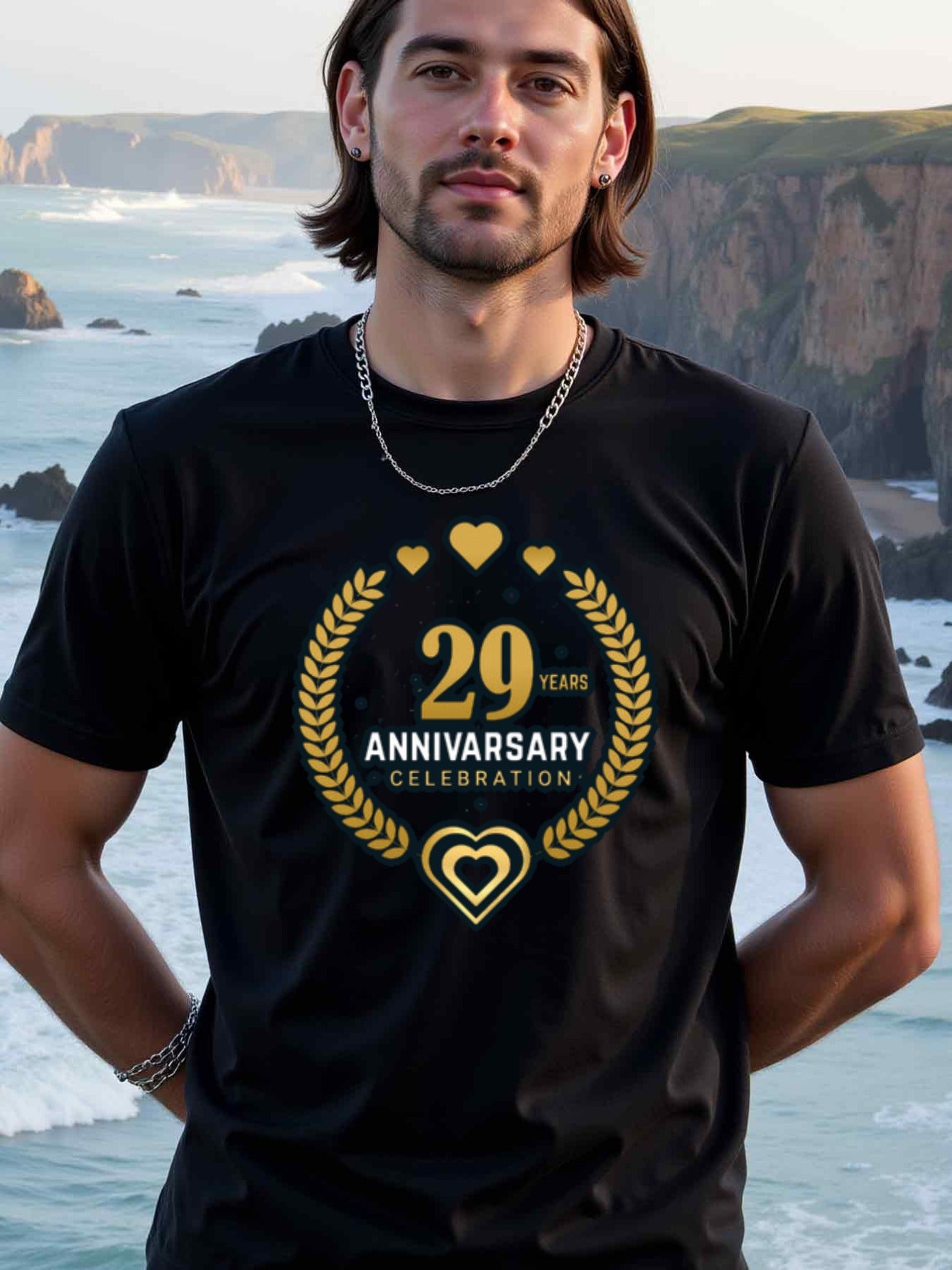 natee local warehouse clearance 29th Anniversary Celebration T-shirt - Black & Gold Hearts Design, 100% Cotton Fabric,Crew Neck,Regular Fit,Weekend Casual Wear,180gsm Family Friends Christian festival Thanksgiving Day, 男t