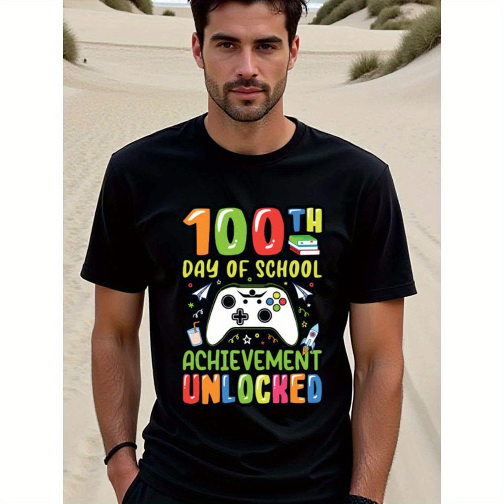 natee local warehouse clearance 100th Day of School: Achievement Unlocked Gamer T-shirt, man's T-Shirt,100% Cotton Fabric,Crew Neck,Short Sleeve,Regular Fit,All-Season Casual Wear,180gsm-Ideal For Summer Holiday Gift, 男t