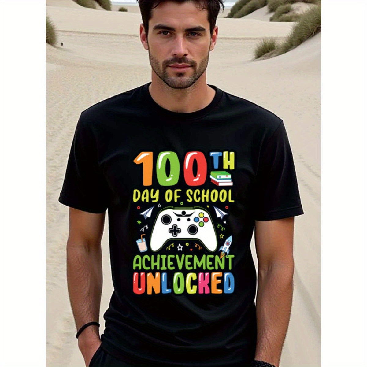 natee local warehouse clearance 100th Day of School: Achievement Unlocked Gamer T-shirt, man's T-Shirt,100% Cotton Fabric,Crew Neck,Short Sleeve,Regular Fit,All-Season Casual Wear,180gsm-Ideal For Summer Holiday Gift, 男t
