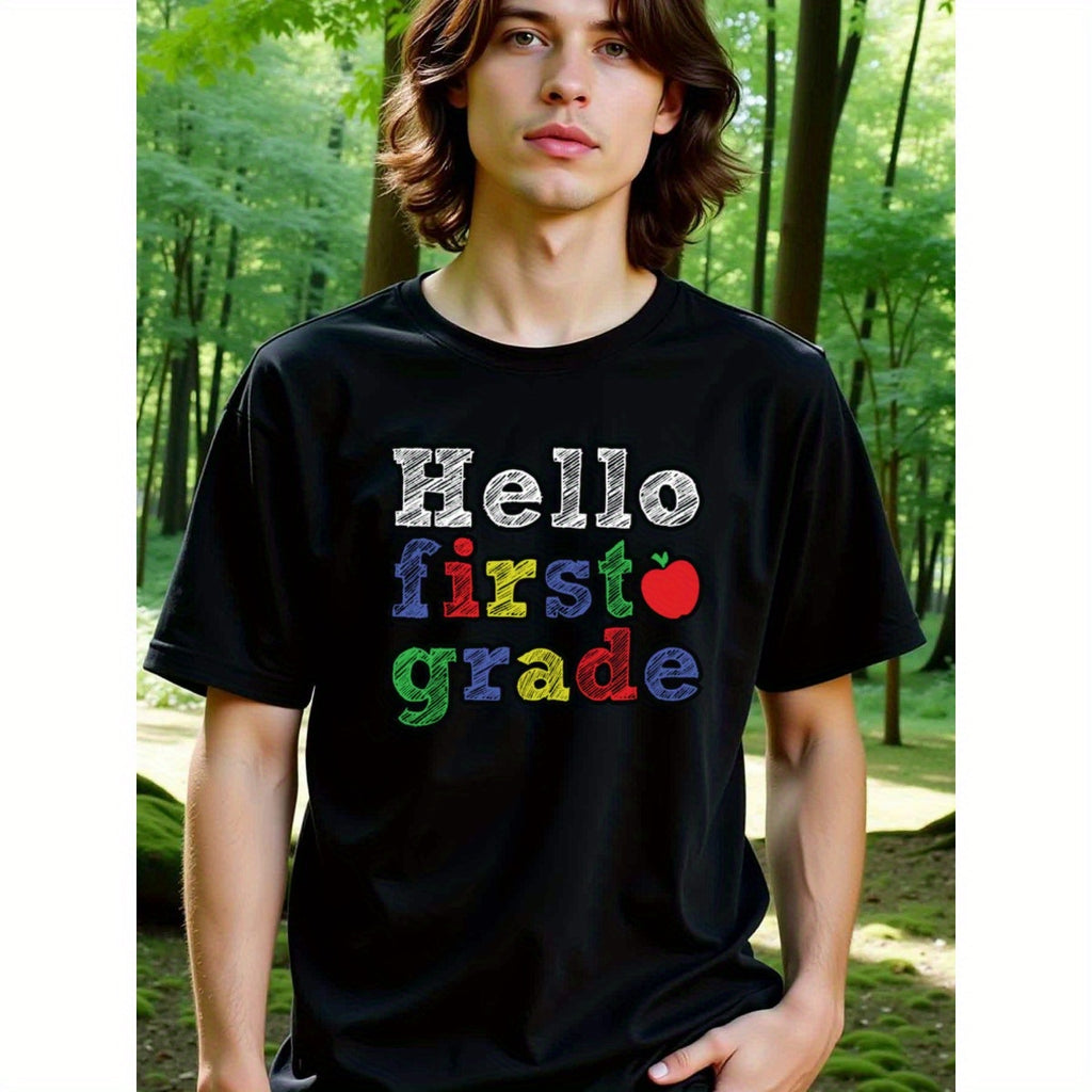 natee local warehouse clearance Back to School Hello First Grade T-shirt, 100% Cotton Fabric,Crew Neck,Regular Fit,Weekend Casual Wear,180gsm Family Friends Christian festival Thanksgiving Day, 男t