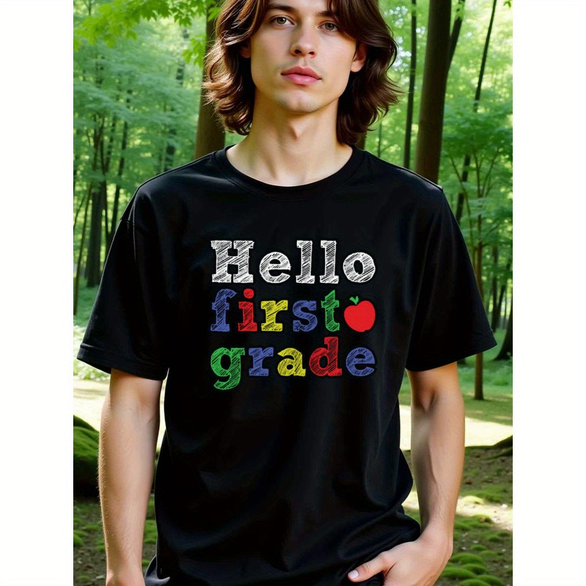 natee local warehouse clearance Back to School Hello First Grade T-shirt, 100% Cotton Fabric,Crew Neck,Regular Fit,Weekend Casual Wear,180gsm Family Friends Christian festival Thanksgiving Day, 男t