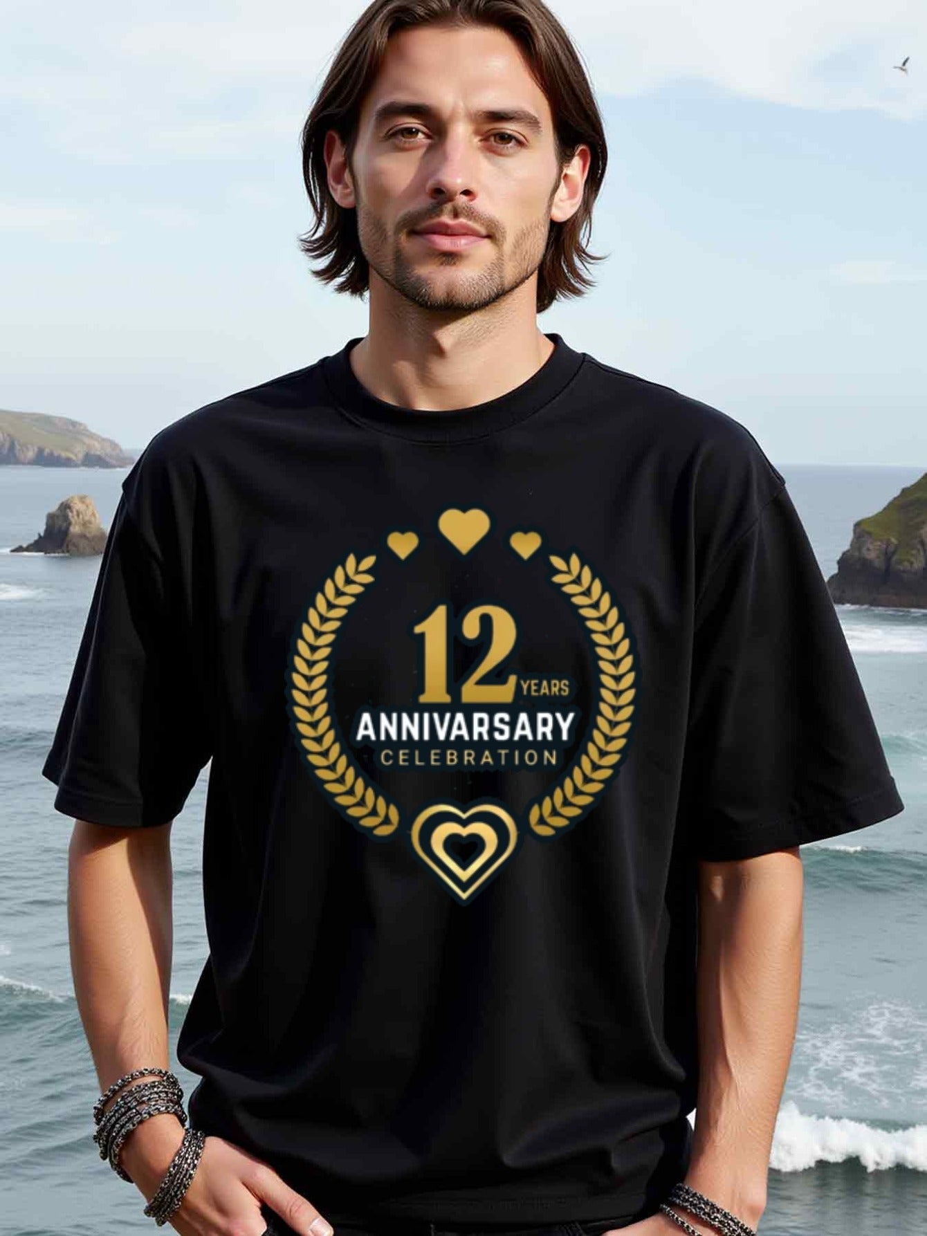 natee local warehouse clearance 12th Anniversary Celebration T-shirt - Gold Hearts & Laurels Design, 100% Cotton Fabric,Crew Neck,Short Sleeve,Regular Fit,All-season casual wear for man and teens-perfect for running, hiking, the beach, and parties Christi