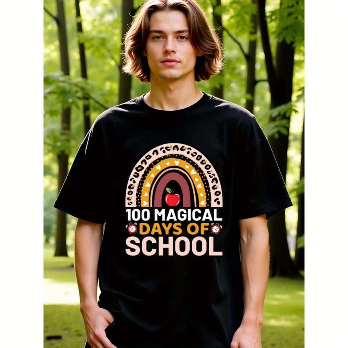natee local warehouse clearance 100 Magical Days of School Rainbow T-shirt, man's T-Shirt,100% Cotton Fabric,Crew Neck,Short Sleeve,Regular Fit,All-Season Casual Wear,180gsm-Ideal for Valentines Christian festival Thanksgiving Day, 男t